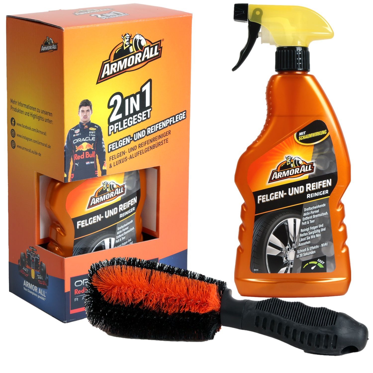 Armor All 2in1 Set Felgen-Reiniger 500ml + Felgenbürste Felgenreiniger (Spar-Set, [- 2in1 Pflegeset Auto Reinigung Spray Pflege Alufelgen Reifen-Reiniger Felgen-Bürste)