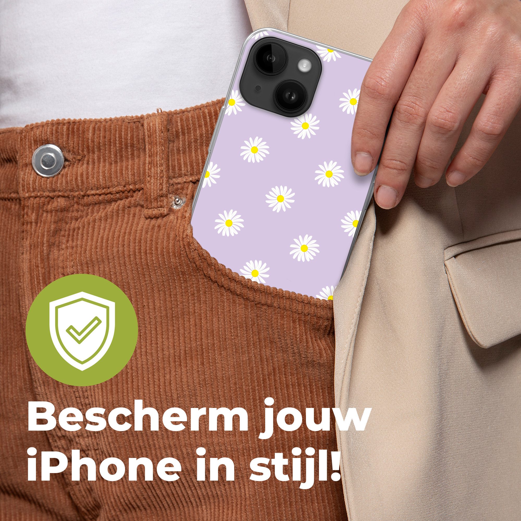 MuchoWow Handyhülle für Apple iPhone 14 Gänseblümchen - Pastell - Weiß - Lila - Blumen, Smartphone-Bumper, Print, Handy Schutzhülle Dünn