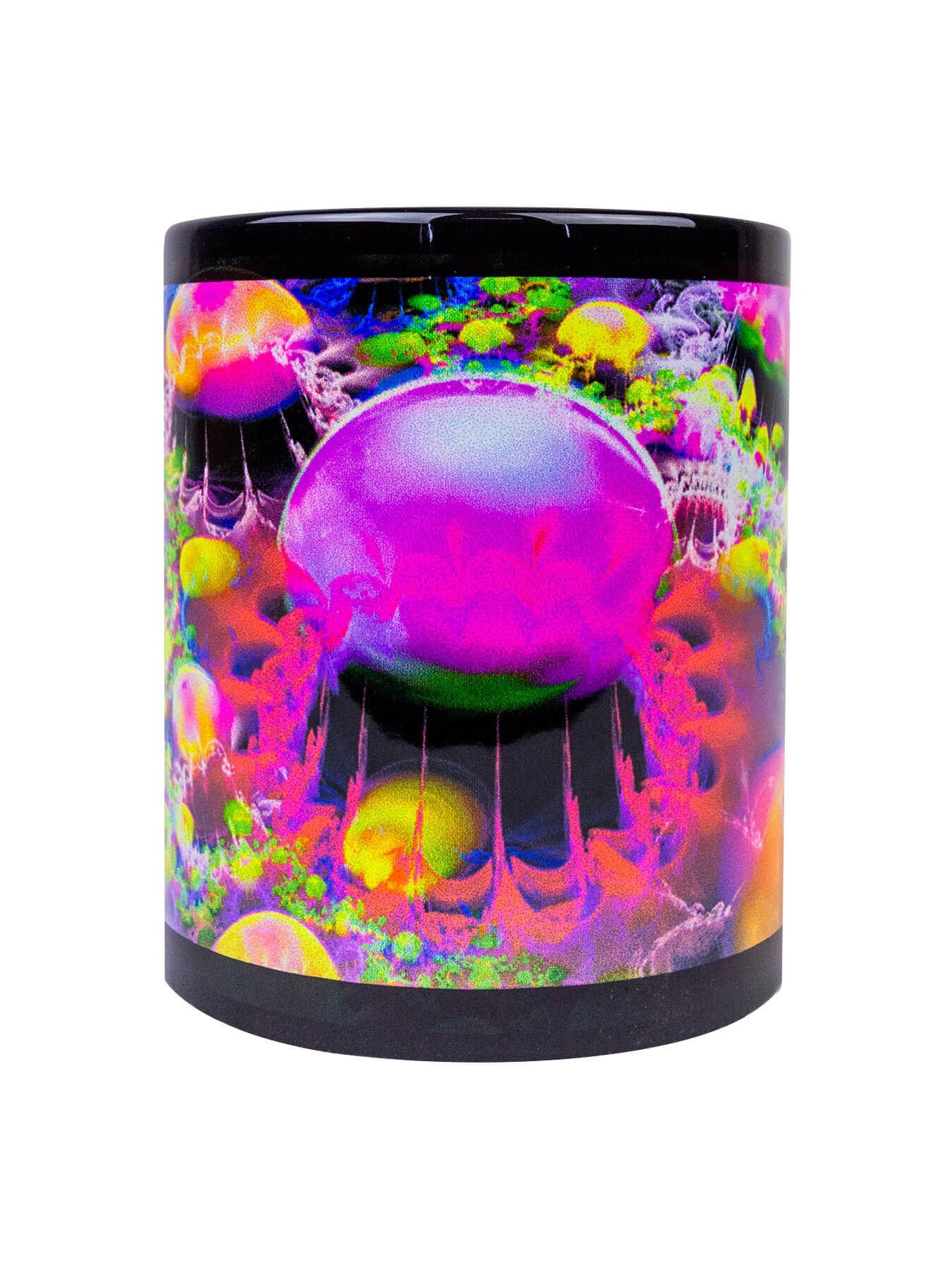 PSYWORK Tasse Fluo Cup Neon Motiv Tasse "Psy Landscape", Keramik, UV-aktiv, leuchtet unter Schwarzlicht