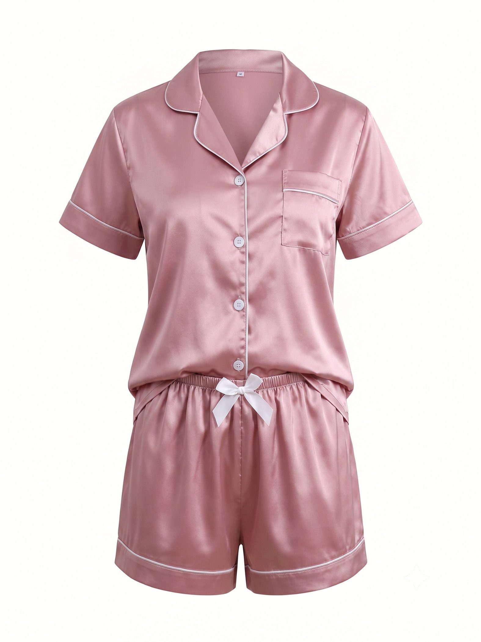 Elegant Love Shorty Damen Satin Pyjama Set – elegante Sommer Nachtwäsche & Homewear (Set, 2 tlg., kurzarm Oberteil mit Knopfleiste & Shorts) Schlafanzug Set – bequeme Loungewear für ruhige warme Nächte
