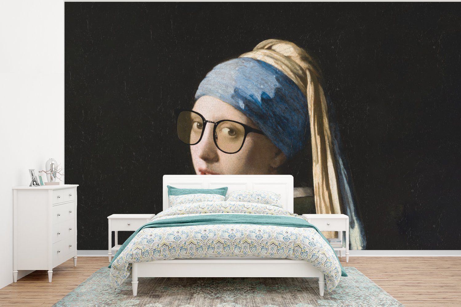 MuchoWow Fototapete Das - Kinderzimmer, mit Wallpaper Tapete Vinyl Brillen, Vermeer - Wohnzimmer, (6 bedruckt, Mädchen Matt, Perlenohrring für Schlafzimmer, Johannes St), dem