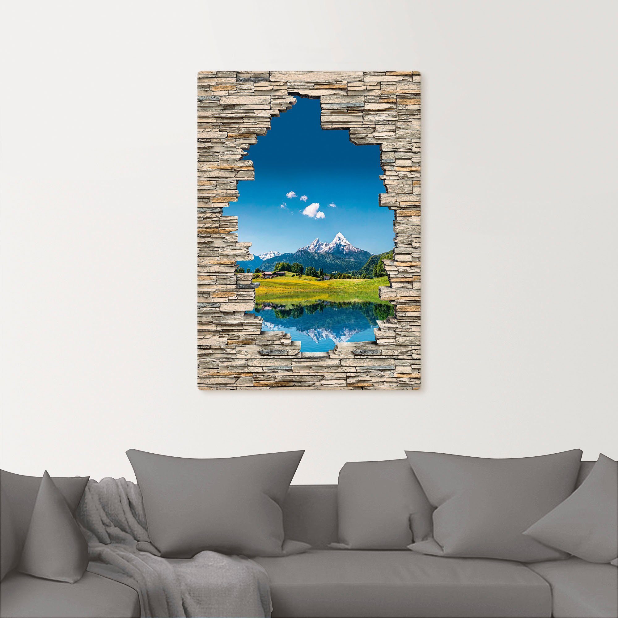 Wandbild & Artland Größen in Berge den Alubild, Poster oder in als Wandaufkleber St), Landschaft Alpenbilder Leinwandbild, versch. (1 Alpen Blick Steinmauer,