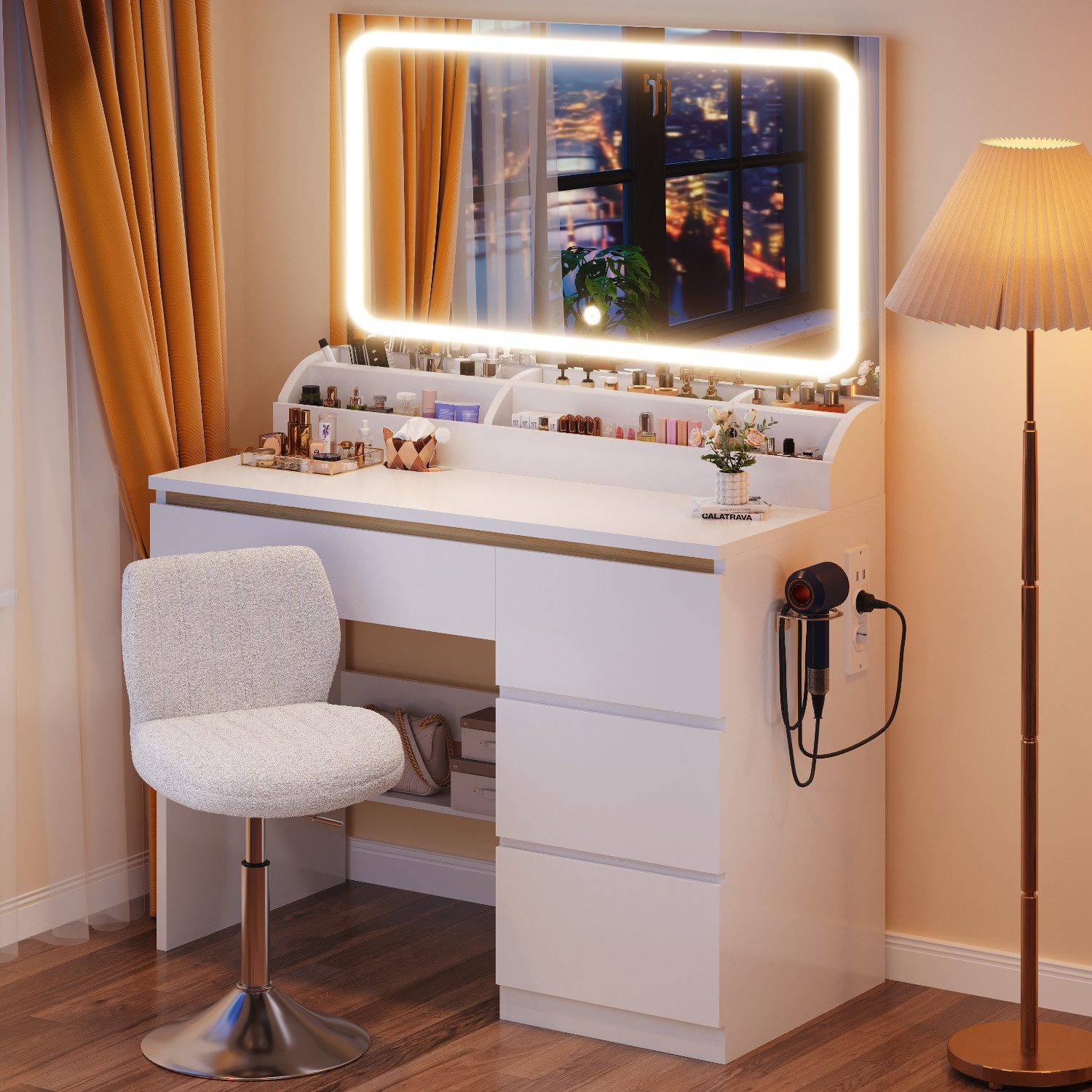 HOMALL Schminktisch Schminktisch mit 80 cm Spiegel und LED-Beleuchtung (Abmessungen: 80 × 40 × 137 cm Mit vier Schubladen und sechs Staufächern Drei einstellbare Farbtemperaturen Zwei USB-Ladeanschlüsse, zwei Netzsteckdosen und eine Halterung für einen Haartrockner)