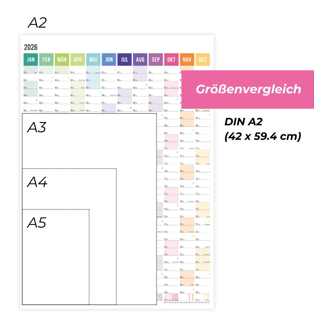 heaven+paper Jahresplaner A2 Wandplaner gerollt 2026 Rainbow Hochformat, hochwertig, Hergestellt in Deutschland