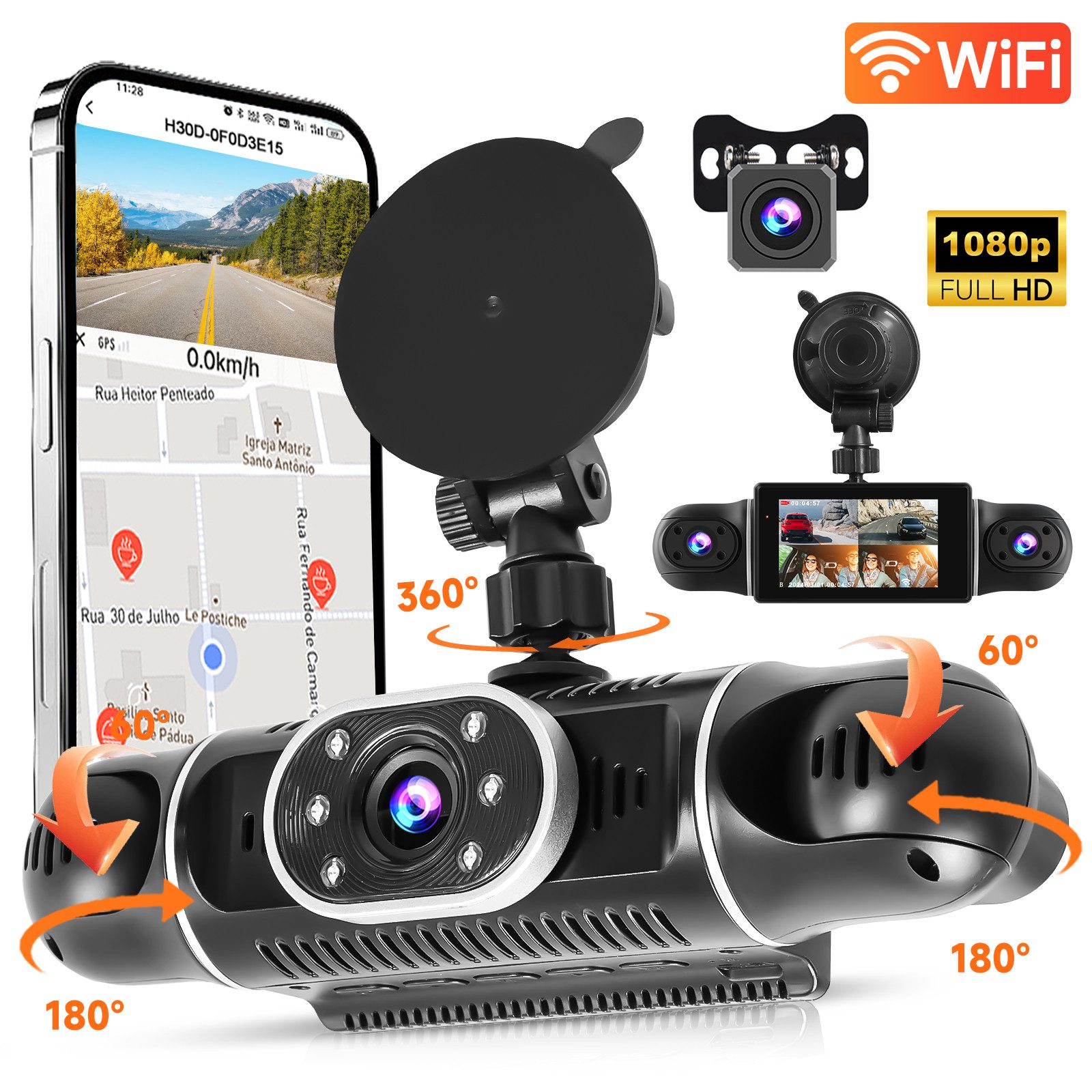 Hikity Dashcam Auto, 3 Zoll 4K DVR 4 Kanäle 360° Dashcam, WiFi, G-Sensor Dashcam (HD)