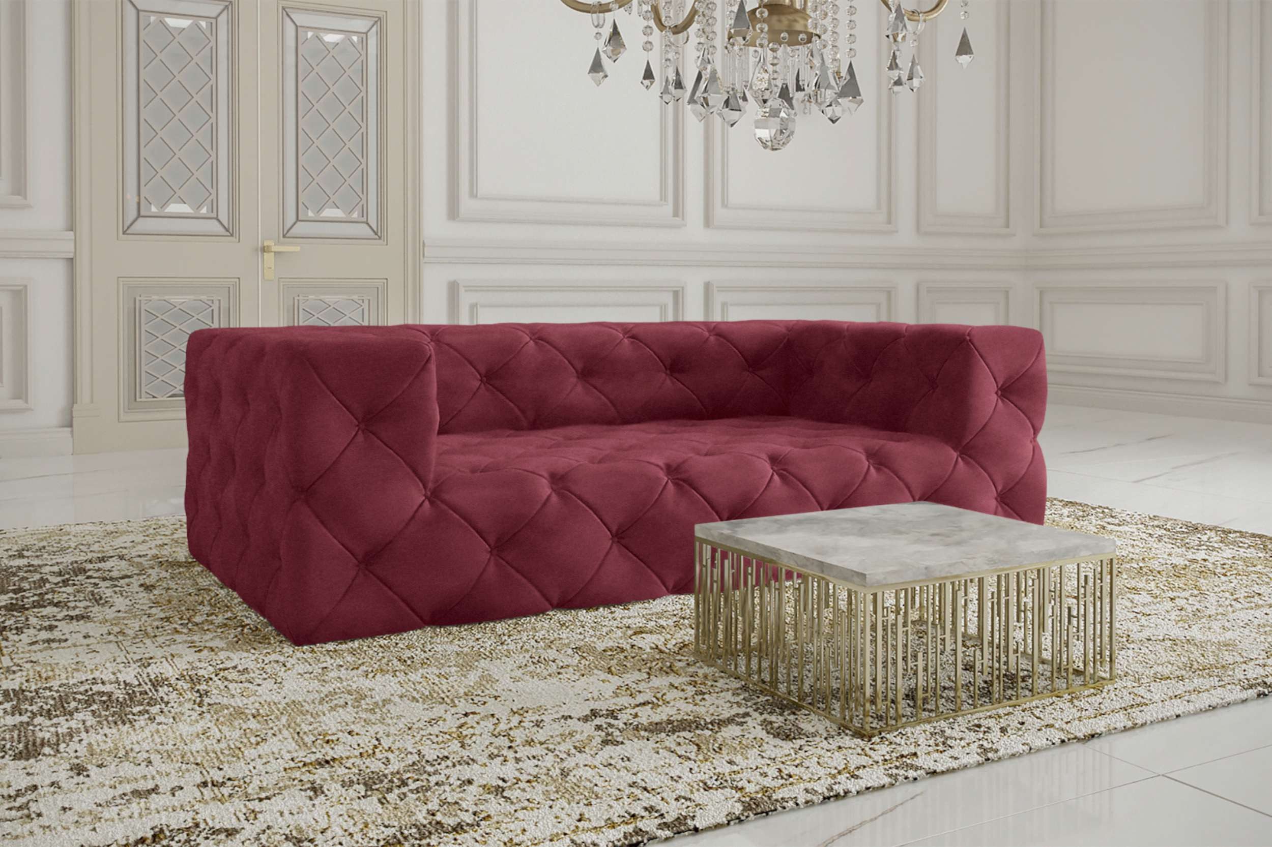 99rooms 3-Sitzer Colin, Sofa, 3-Sitzer Sofa, mit Rundumbezug, klassische Knopfheftung, schwarze Kunststofffüße
