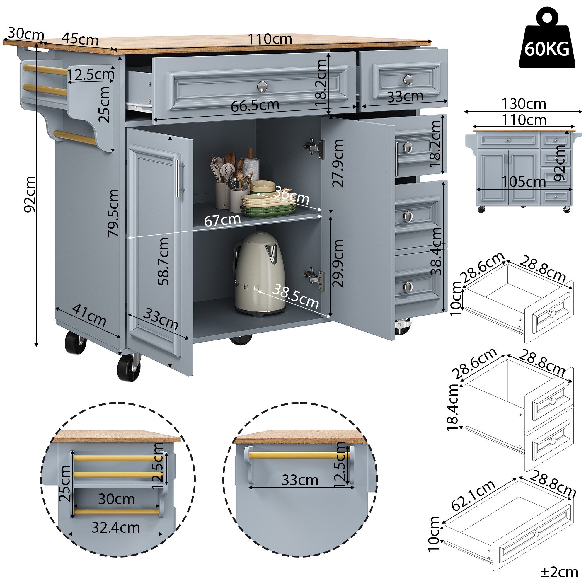 Celya Küchenwagen Kücheninsel(110×45-75×92cm), Buffetschrank mit klappbare günstig online kaufen