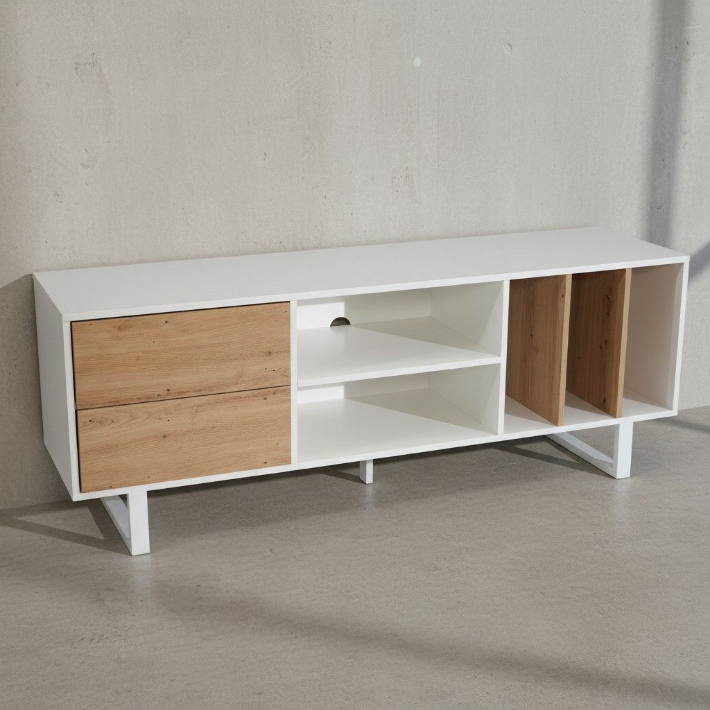 KADIMA DESIGN Lowboard Lowboard Weiß mit Eiche-Dekor 150x55x40 cm TV-Kommode Modern, Design (Fernsehkommode Wohnzimmer), TV-Schrank Hoch, Fernsehtisch Fernsehschrank mit Schubladen & Regal