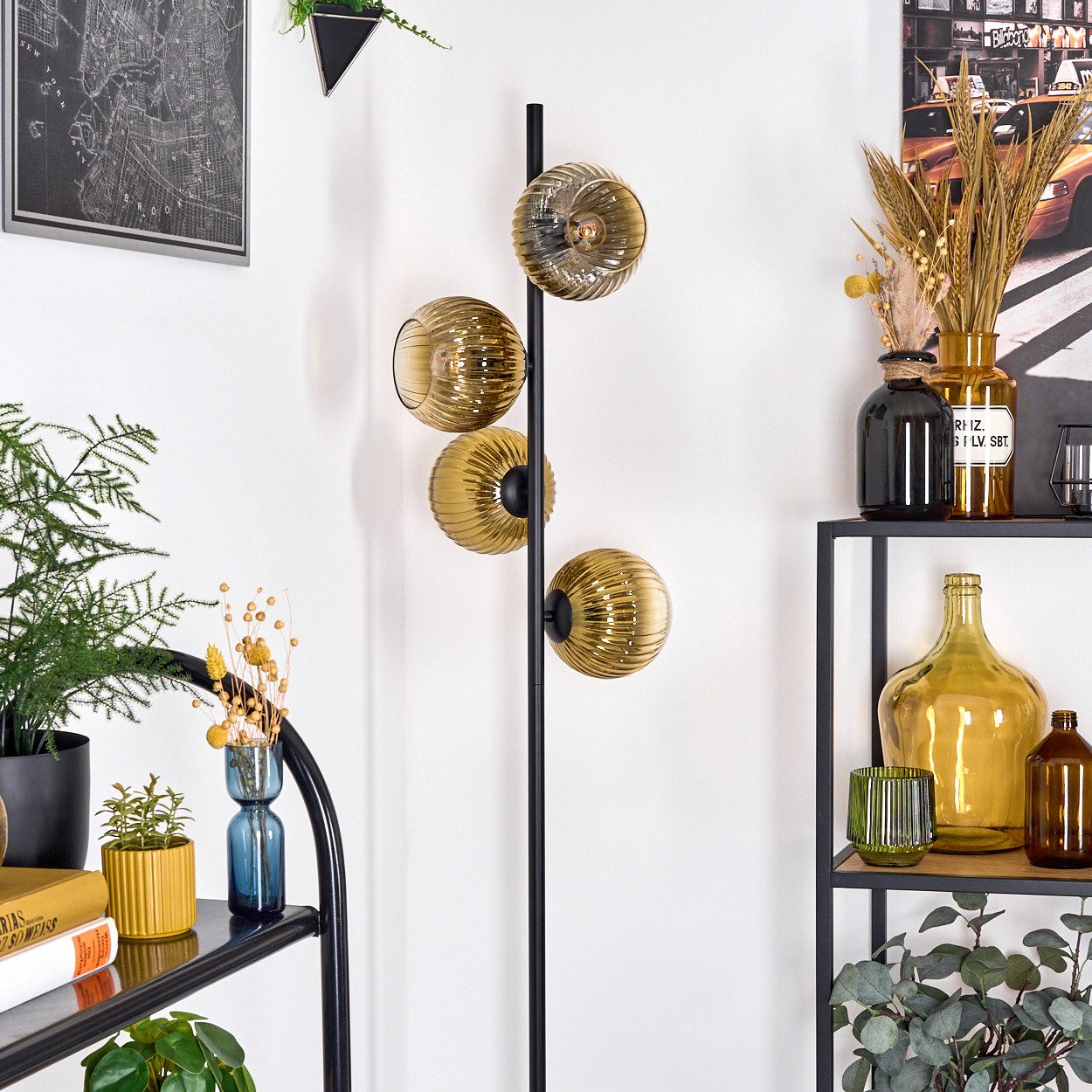 hofstein Stehlampe Stehlampe aus Metall/Riffelglas in Schwarz/Gold/Klar, Retro-Design, ohne Leuchtmittel, moderne Stehleuchte, Ø Schirme 15 cm, Fußschalter, 160 cm, E14