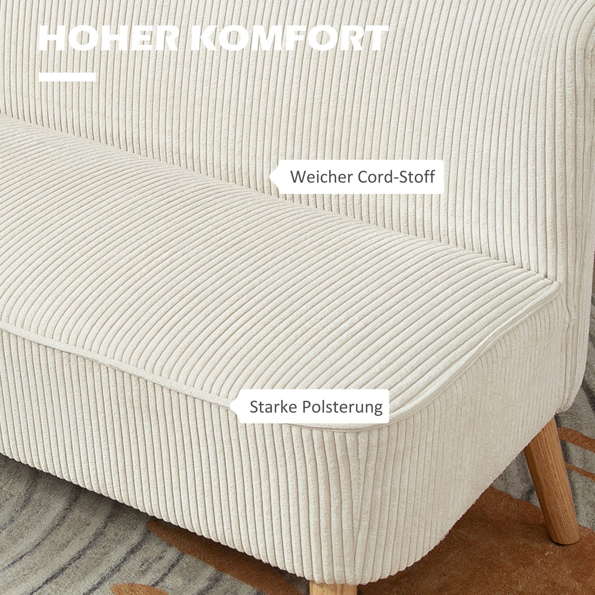 HOMCOM 2-Sitzer Sofa Loveseat mit Leinen-Optik für Schlafzimmer 117x56,5x77cm, Doppelsofa 1 Teile, für Wohnzimmer, Schlafzimmer, 117 x 56,5 x 77 cm, Cremeweiß – Bild 4 von 5