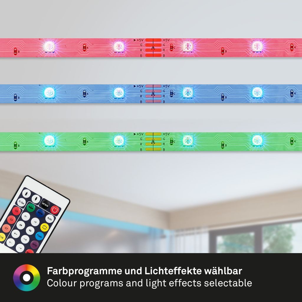 Briloner Leuchten LED-Streifen 2267-150D, 150-flammig, 5m, RGB, dimmbar, Zuleitung 1,5 m, Fernbedienung, weiß