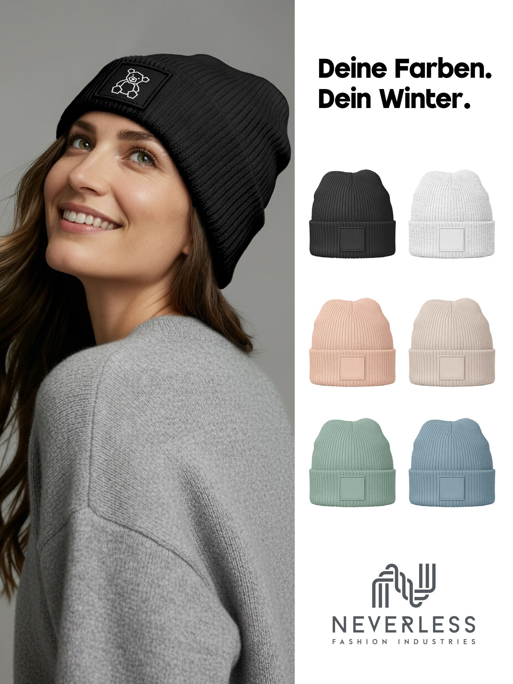 Neverless Strickmütze Damen Beanie Patch Polygon Teddy Bär Aufdruck Print Wintermütze
