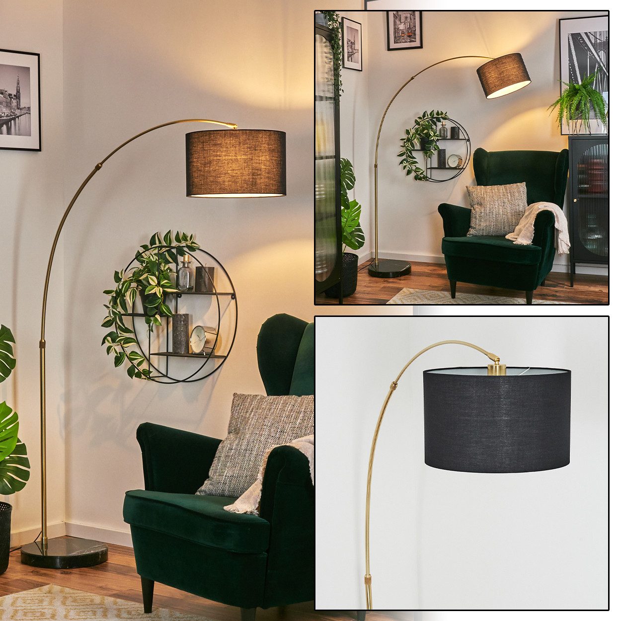 hofstein Bogenlampe Stehlampe mit Marmorfuß aus Metall/Stoff in Schwarz/Messing/Weiß, verstellbare Stehleuchte im modernen Design mit Fußschalter, E27
