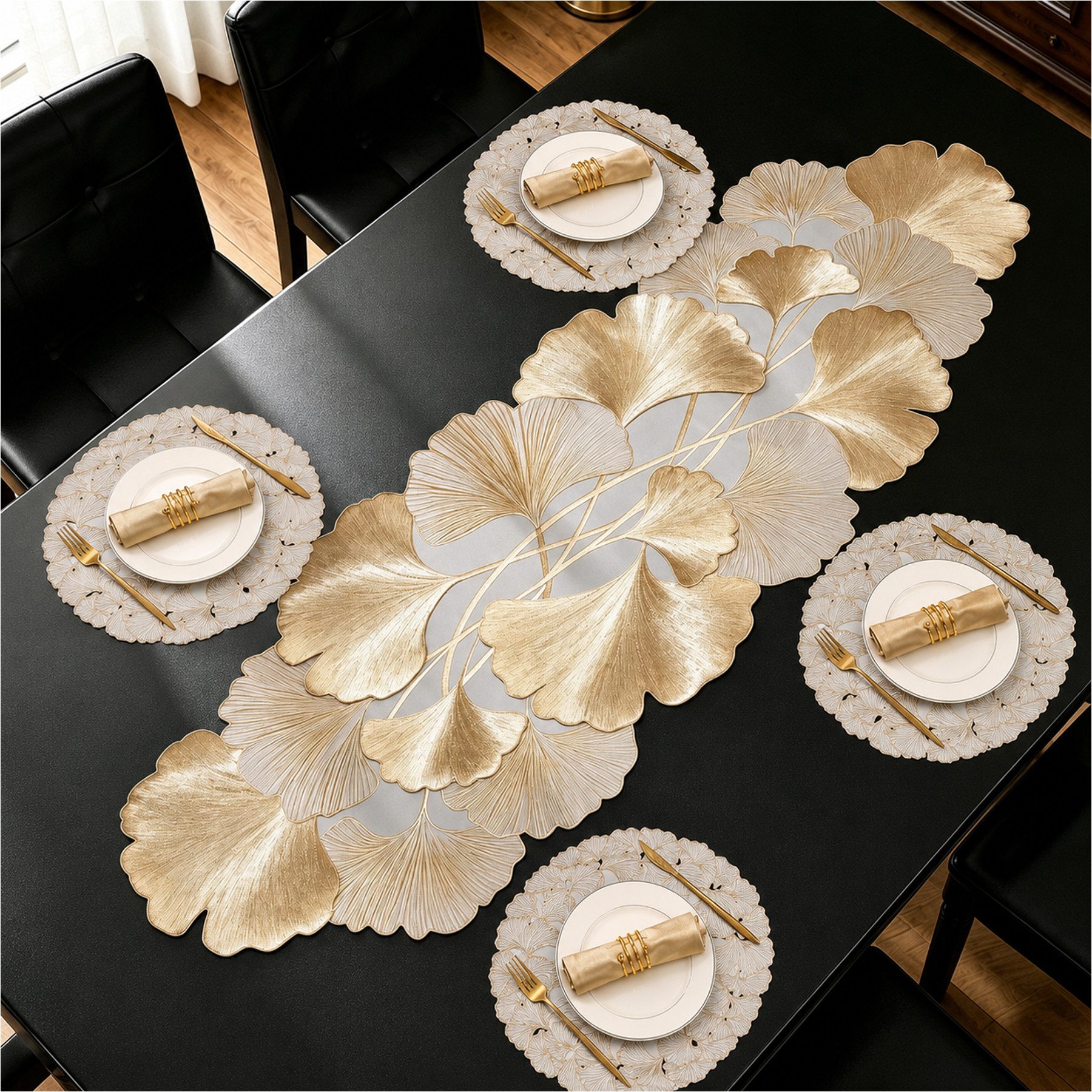 Mutig Tischläufer 5-teilig Goldfarbener Tischläufer 90 cm mit Blattmuster (Waschbare Vinyl Tischdeko 5-tlg, Hitzebeständige Tischauflage), für Hochzeit, Dinner-Party und festliche Tafel