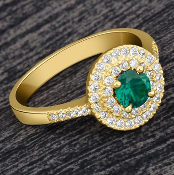 Tony Fein Goldring Solitär Ring mit Zirkonia Stein Grün 585er Gold, Made in Italy