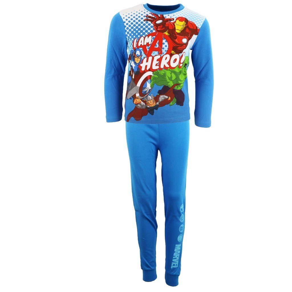 MARVEL Schlafanzug Marvel Avengers Kinder Jungen langarm Pyjama Gr. 104 bis 134 Blau