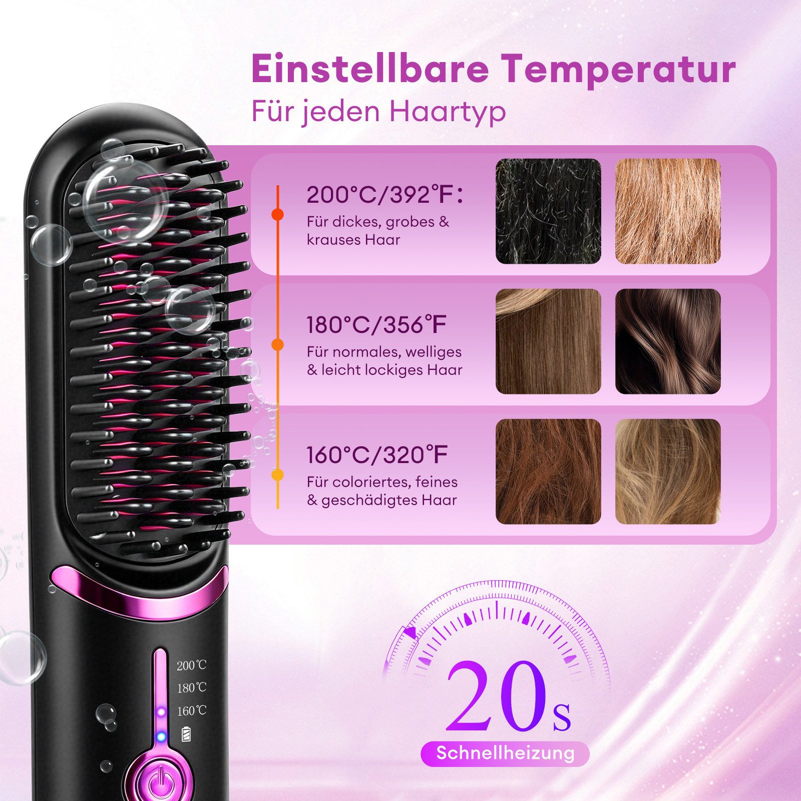 CkeyiN Elektrohaarbürste Kabelloser Beheizter Haarglättungskamm 3 Temperaturstufen 160-200℃, Negativ-Ionen-Technologie max. 60min Nutzungsdauer