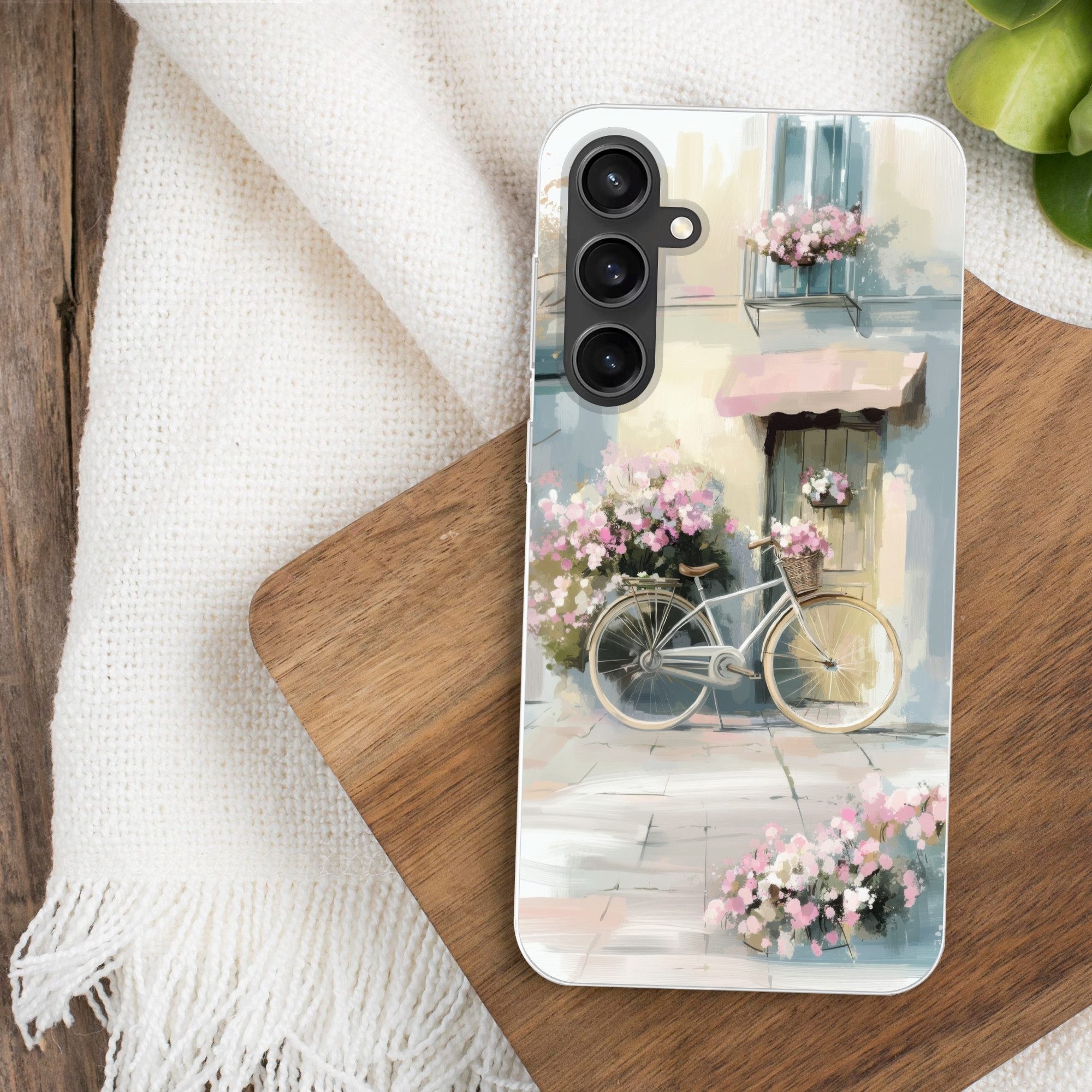MuchoWow Handyhülle für Samsung Galaxy S23 FE Fahrrad - Pastellfarben - Blumen