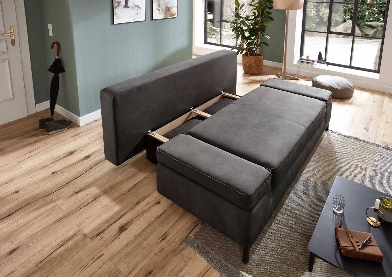 Sofa JARNY, Stoffbezug, Anthrazit, Schlaffunktion, mit Bettkasten und Kissen