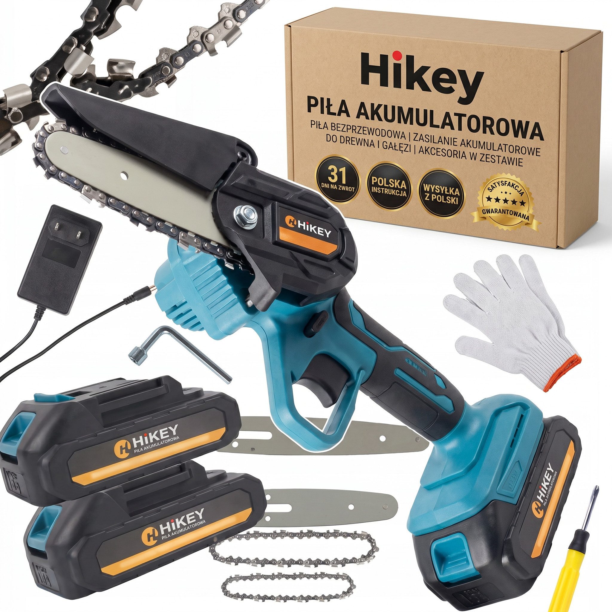 Hikey Akku-Kettensäge Mini-Kettensäge 21 V, 15 cm Schwertlänge, Set, 16-tlg., 2 Akkus 21 V, Ladegerät, Koffer, Zusatzschwert 8 Zoll + 2 Ketten, inkl. 2 Akkus 21 – Bild 4 von 5