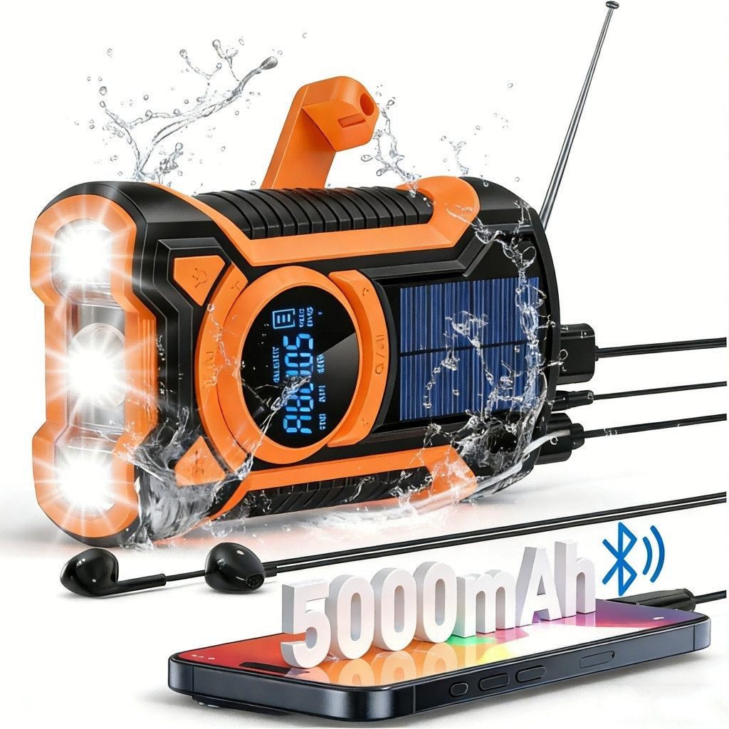 Fyrove Notfallradio 5000 mAh mit Solar & Handkurbel Radio (AM/FM/SW Radio, Bluetooth 5.3, LED Taschenlampe, SOS Alarm, IP65, Powerbank für Camping Outdoor)