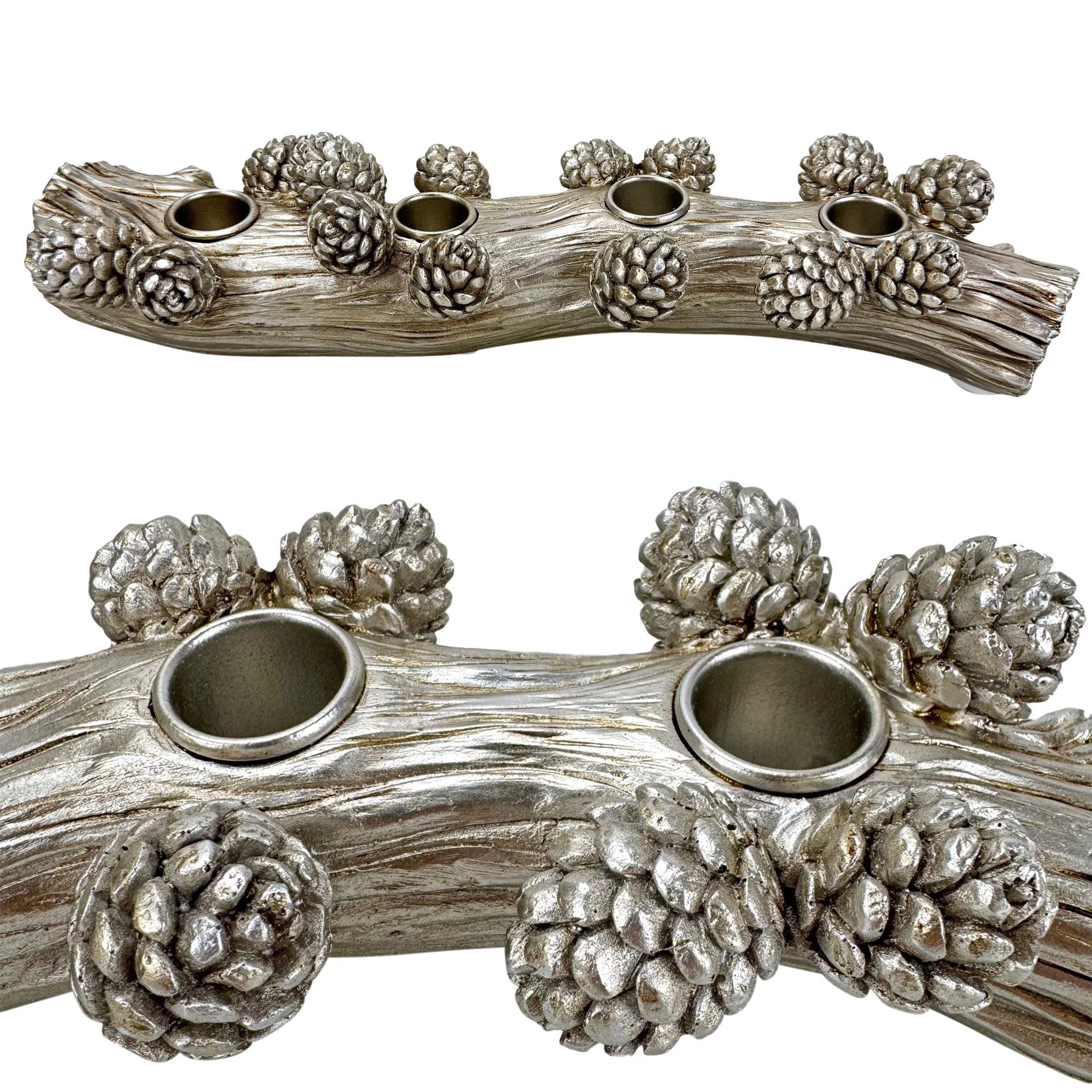 Online-Fuchs Kerzenständer in Ast Form mit Tannenzapfen - Kerzenhalter für 4 Stabkerzen - Silber (Vintage Look, 33 cm lang), Dekoration für Herbst, Winter und Weihnachten