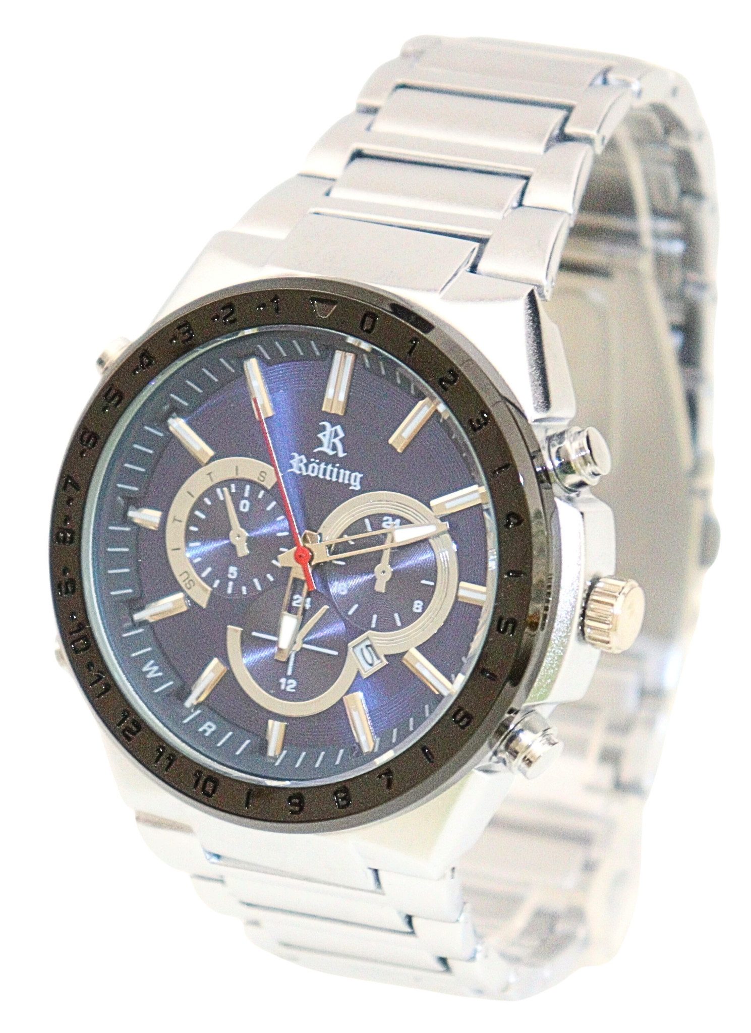 Rötting Design Quarzuhr Herrenuhr Armbanduhr Männeruhr Edelstahl blaues Ziffernblatt, (inkl. Uhrenschatulle - auch zum Versenken geeigent), Datumsanzeige, Handgelenkumfang 18 bis 22 cm wählbar