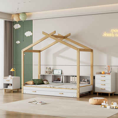IDEASY Hausbett Kinderbett, ausgestattet mit Nachttischen, Kommode, weiß + holzfarben, ausziehbares Ausziehbett, Dachdesign