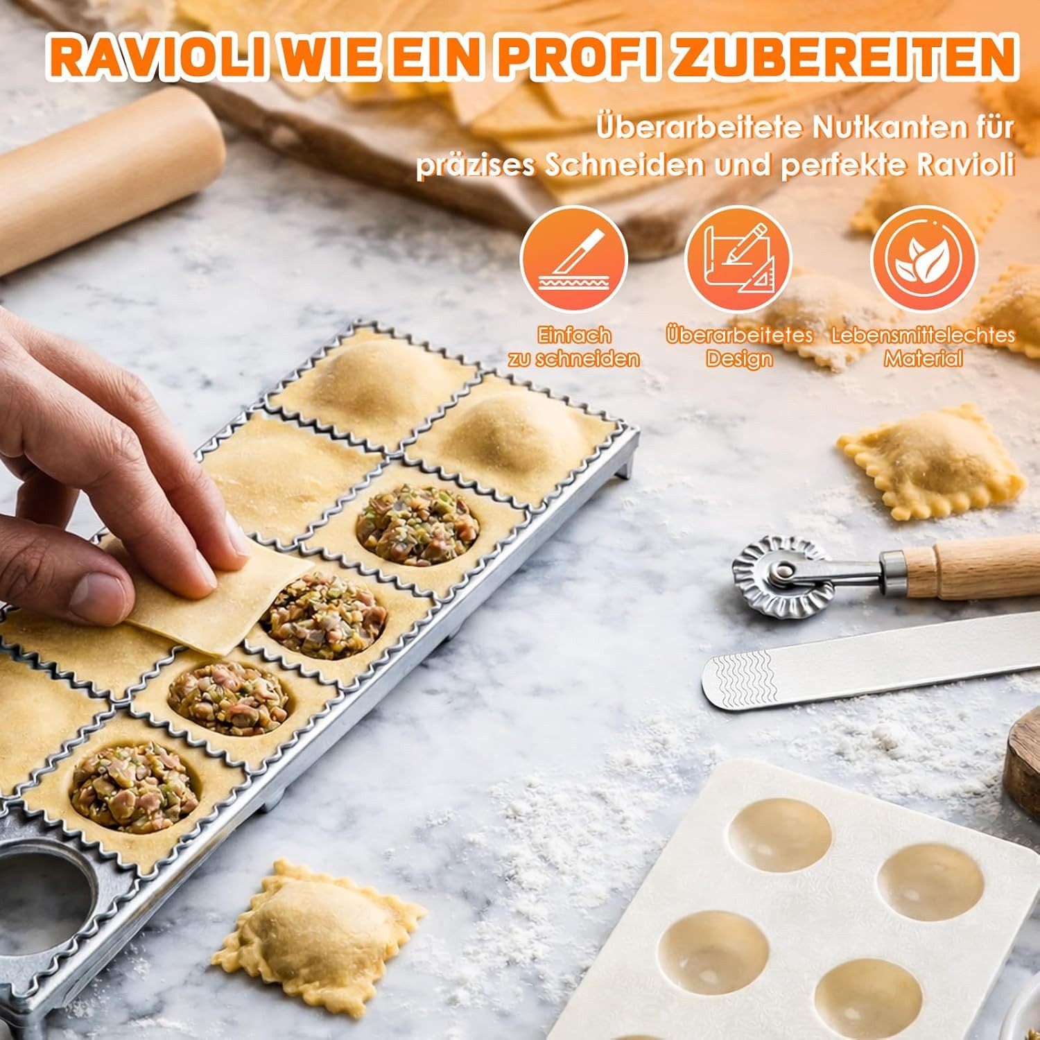 BlingBin Ravioliform Ravioli Maker 5er Set mit Nudelholz, Teigtaschenrad, Fleischspatel, (5er Set 5-tlg), Ravioli Ausstecher aus Aluminium für alle Arten von Teig und Gebäck