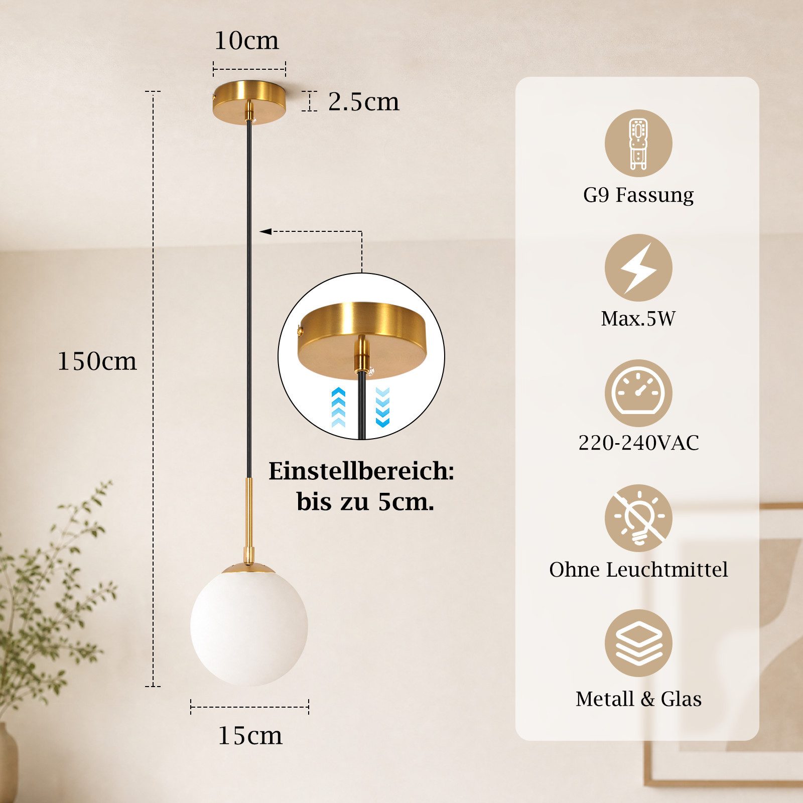 Nettlife Pendelleuchte 1/2/3flammig G9 Glas Kugel gold modern Hängeleuchte Esstisch, ohne Leuchtmittel, für Esszimmer Wohnzimmer Küche Schlafzimmer – Bild 3 von 5