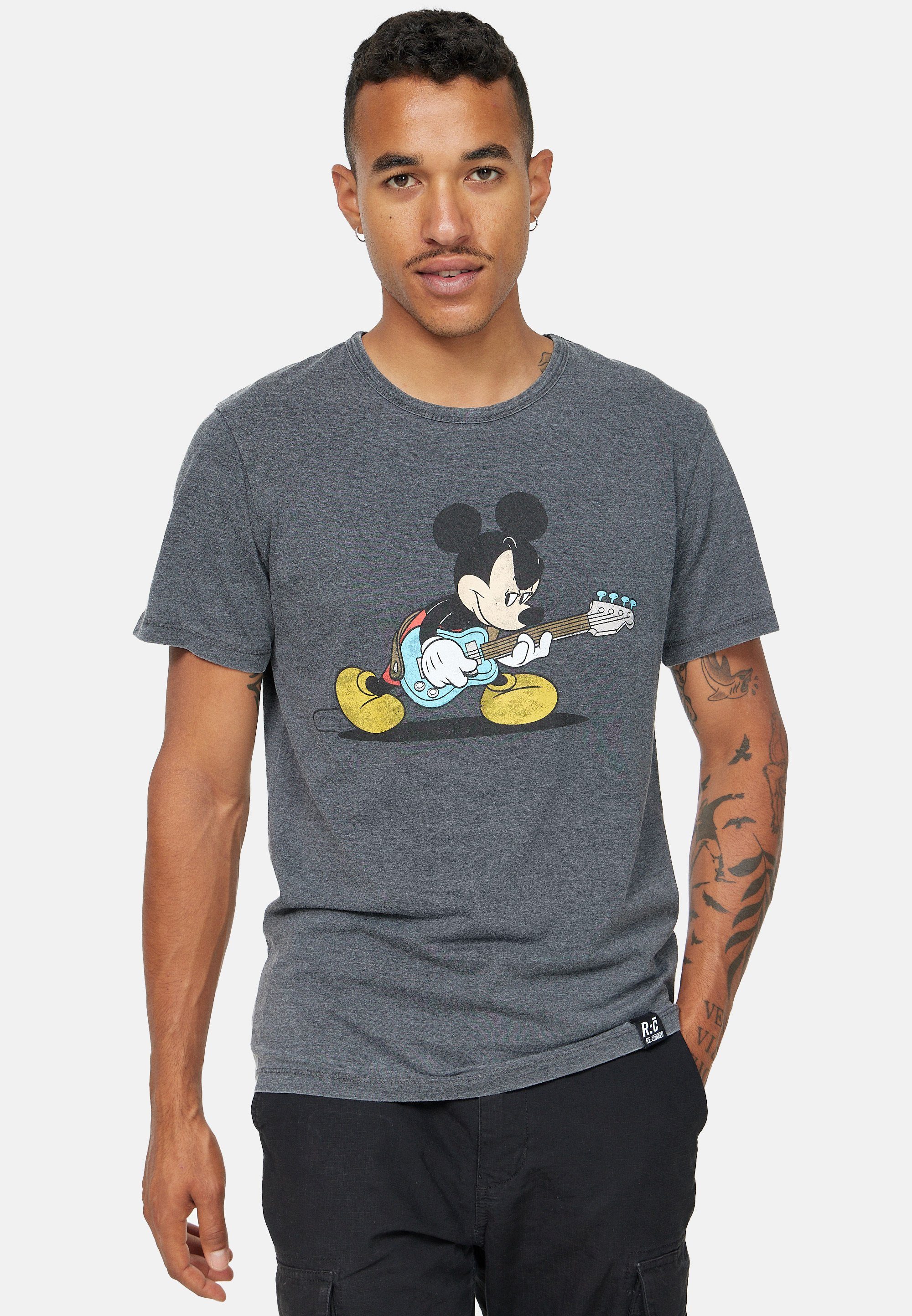 Recovered T-Shirt Disney Mickey Playing Bass GOTS zertifizierte Bio-Baumwolle Kohlegrau