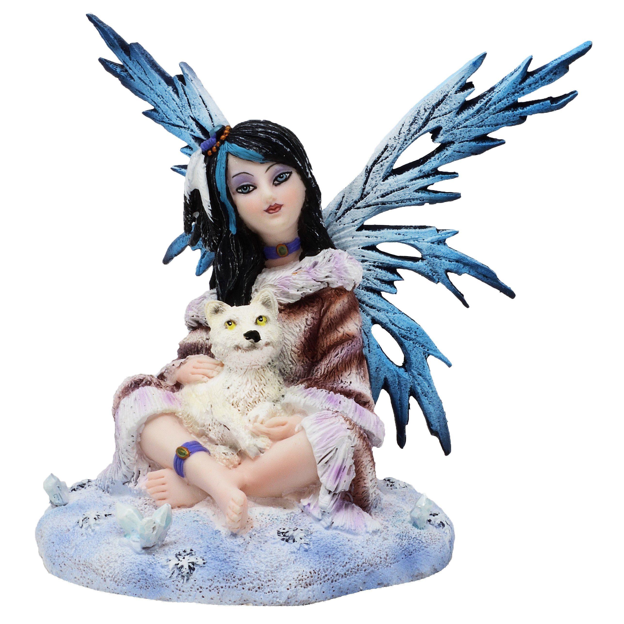 MystiCalls Dekofigur Wunderschöne Elfenfigur Elfe mit Babywolf - Wolf Elfe Fee Winterelfe Fantasy