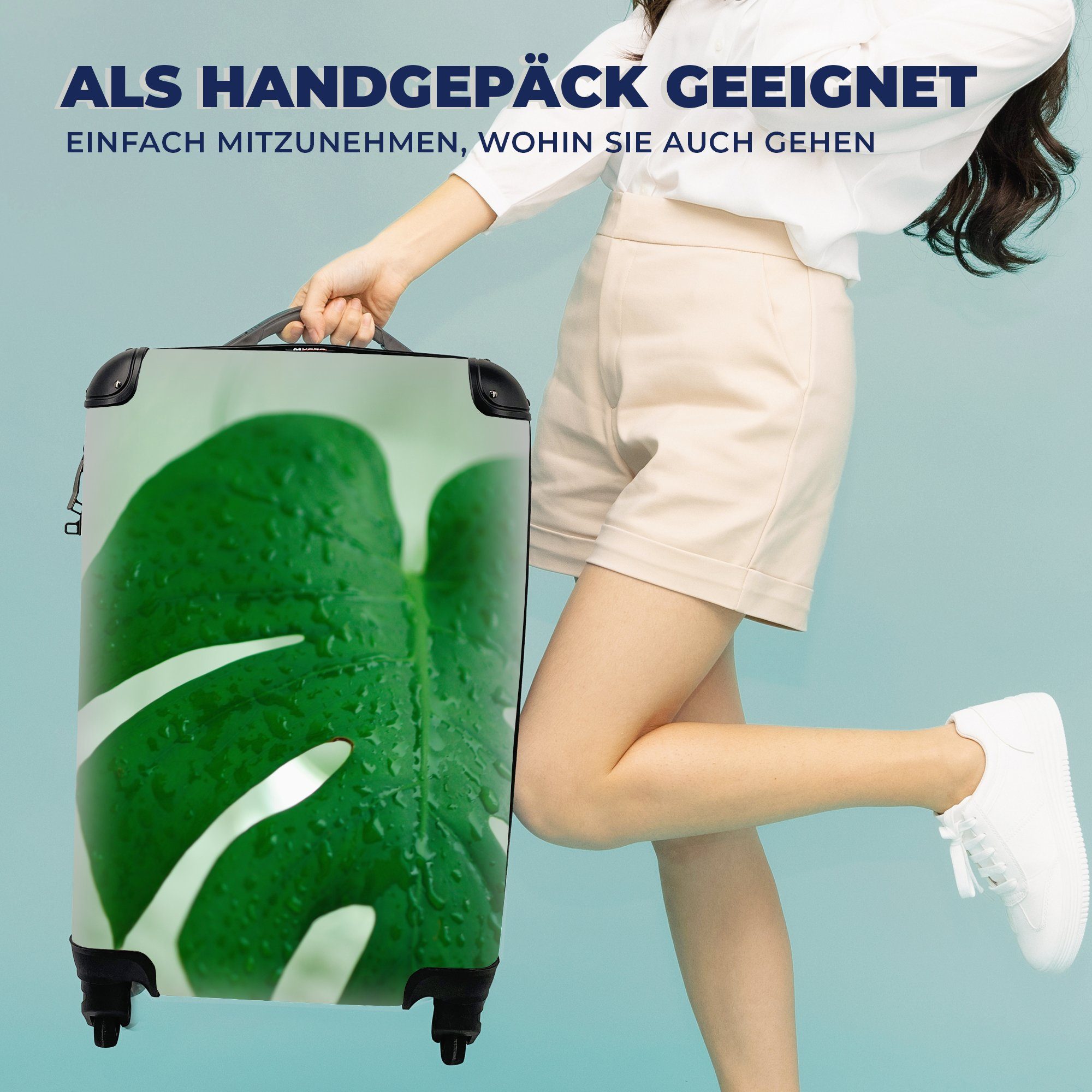 mit 4 Käsepflanze Nahaufnahme Handgepäck von rollen, (Monstera, der Reisekoffer Trolley, Tröpfchen Handgepäckkoffer einem auf Reisetasche für MuchoWow Rollen, Ferien, Blatt