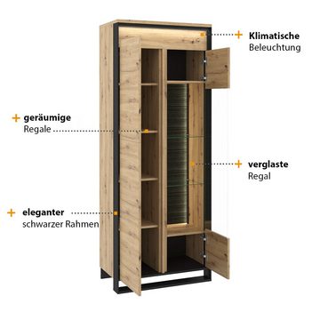 Compleo Vitrine LIMA, Loft Stil Schrank mit Glasregalen, mit Holzeinlegeböden 2-türig Standregal