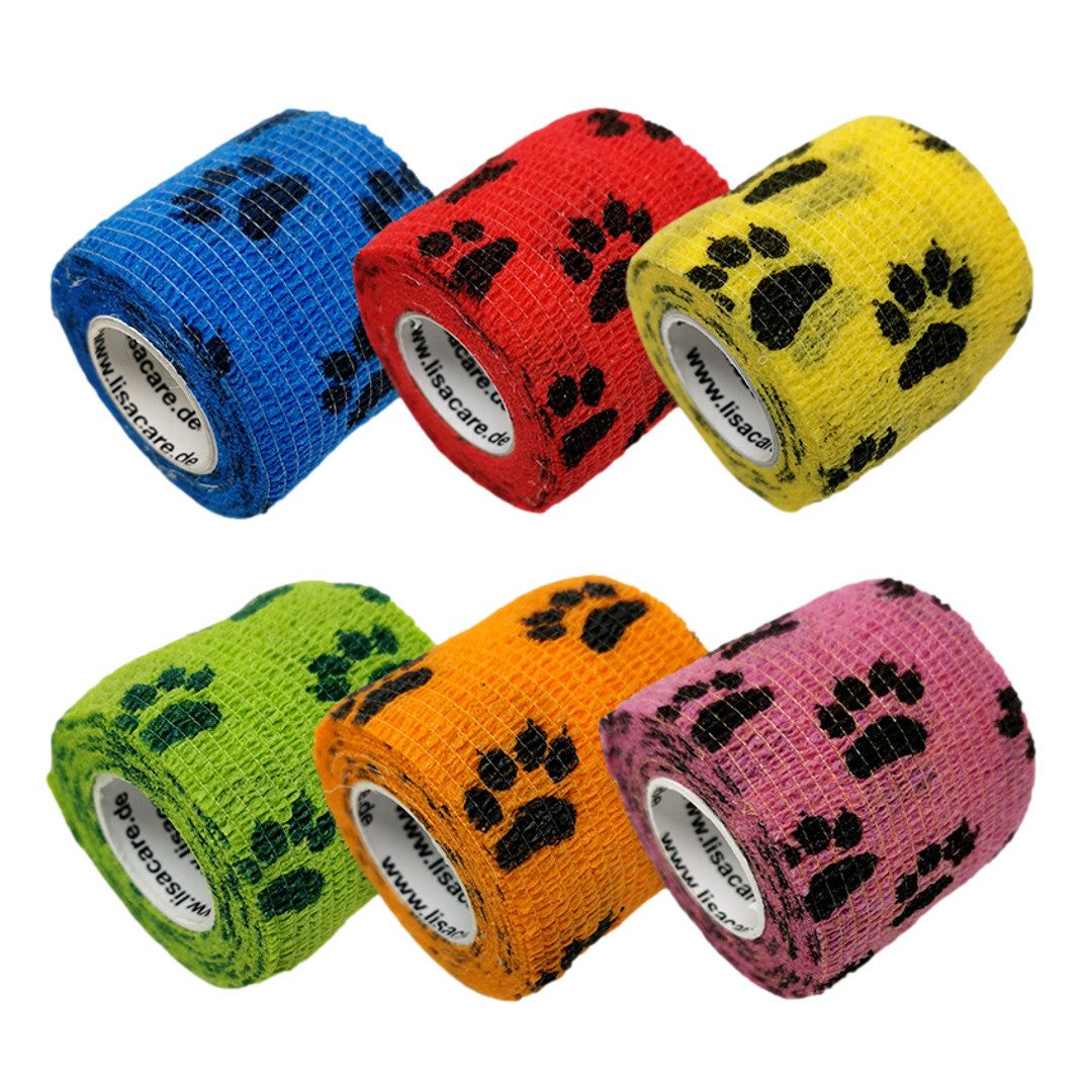 LisaCare Wundpflaster Selbstklebender Pflasterverband - Kohäsive Tierbandage (Pfoten-Mix, 6 St., 1 x Rot, Blau, Gelb, Grün, Pink & Orange / 5cm x 4,5m), Bewegungsanpassend!