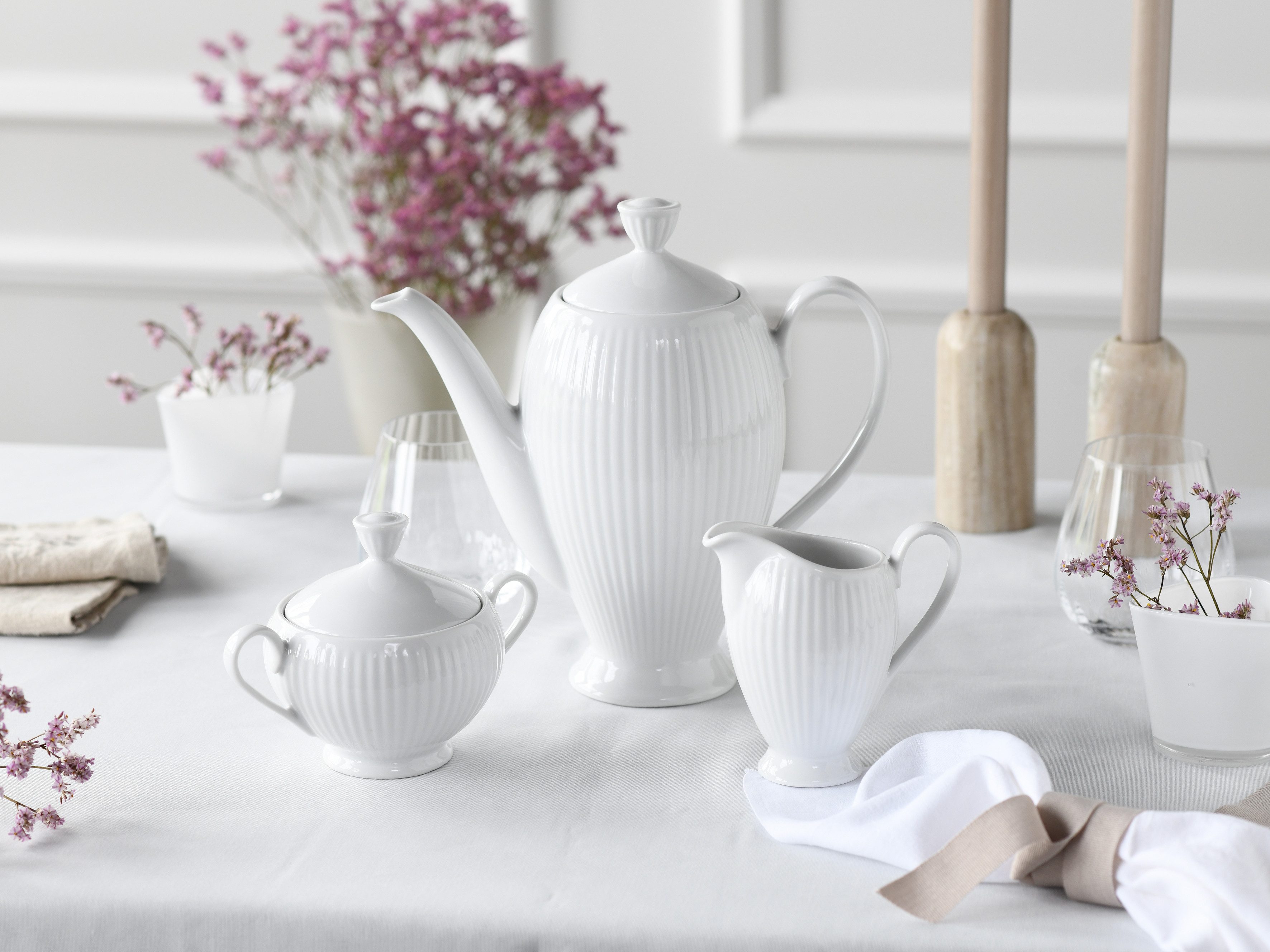 CreaTable Kaffeeservice Valencia Weiß, Kaffeegarnitur 3-tlg (3-tlg), 1 Personen, Porzellan, Elegant, Boho Chic