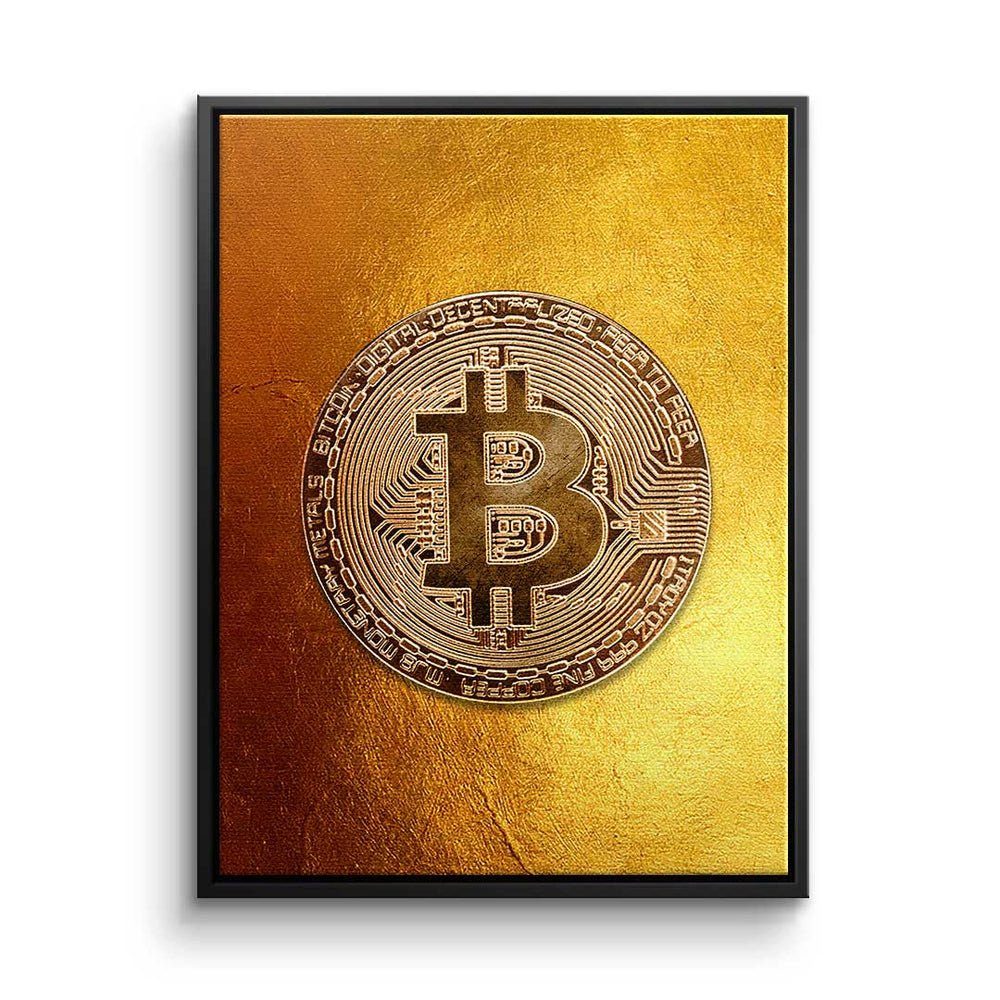 DOTCOMCANVAS® Leinwandbild, Premium Leinwandbild - - Trading Crypto Bitcoin Golden Motivation - Rahmen silberner 
