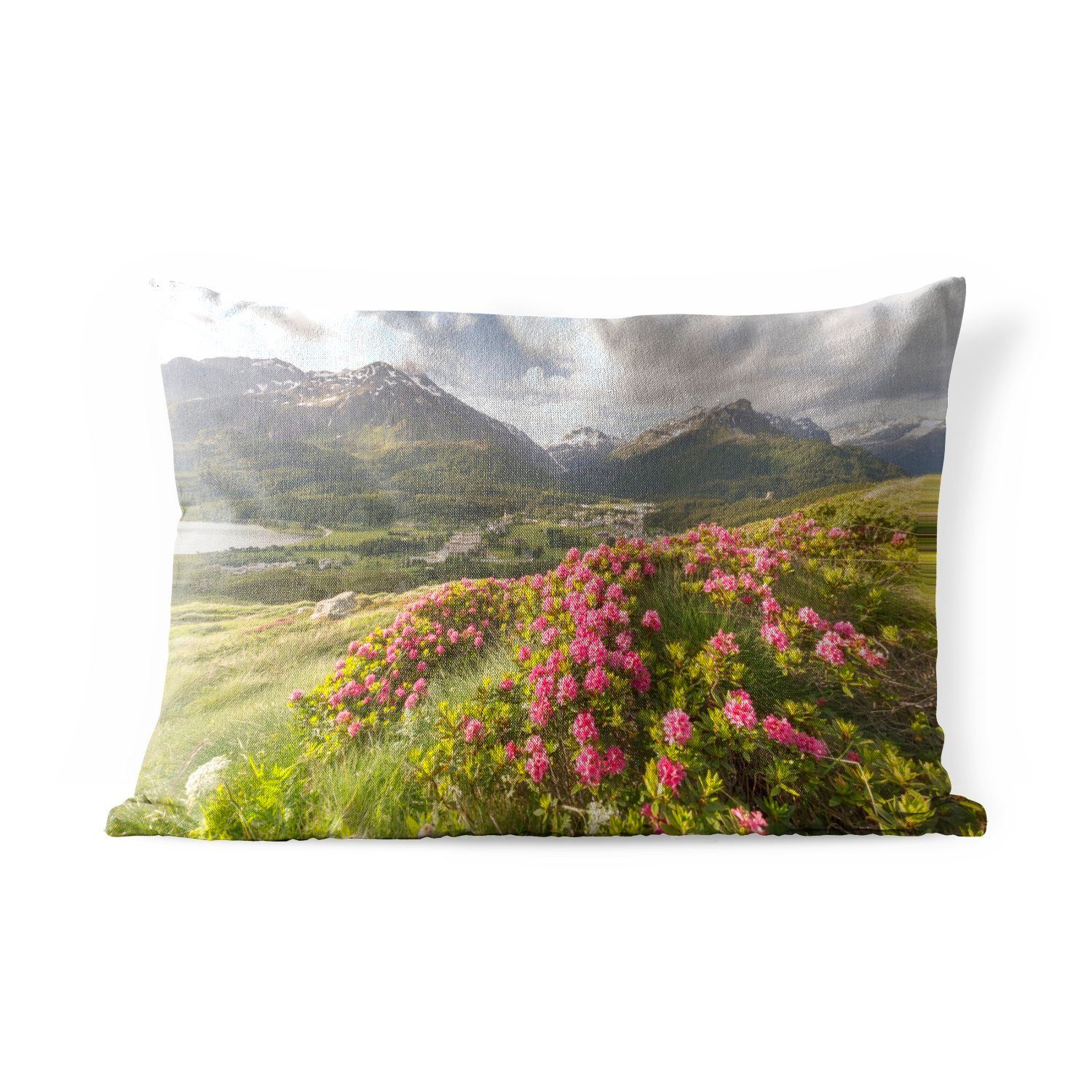 MuchoWow Dekokissen Blumenwiese - Berge - Rosa, Outdoor-Dekorationskissen, Polyester, Dekokissenbezug, Kissenhülle