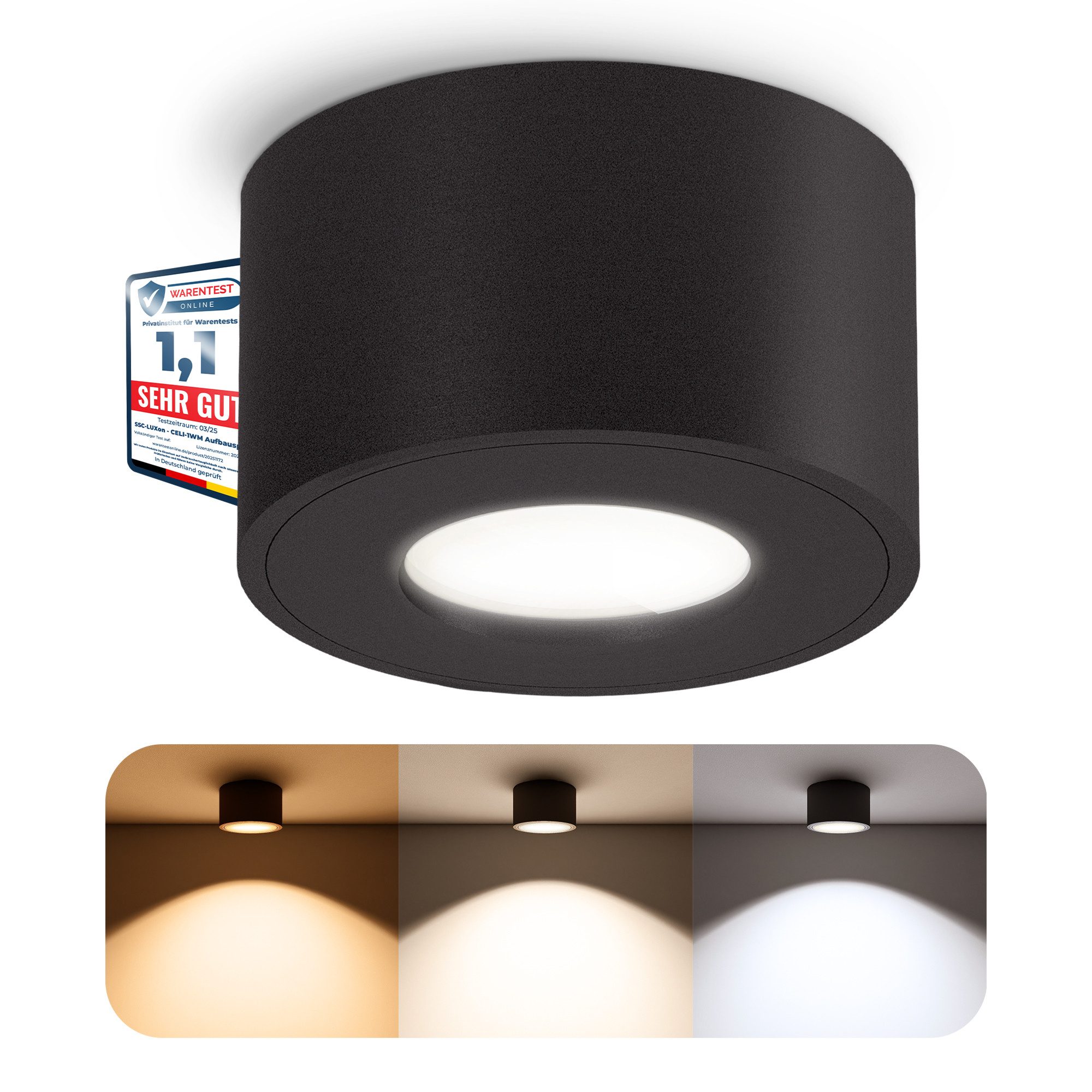 SSC-LUXon LED Außen-Deckenleuchte CELI-1 LED Aufputzspot IP44 6W dimmbar 3CCT flach schwarz, Neutralweiß, Warmweiß, Tageslichtweiß