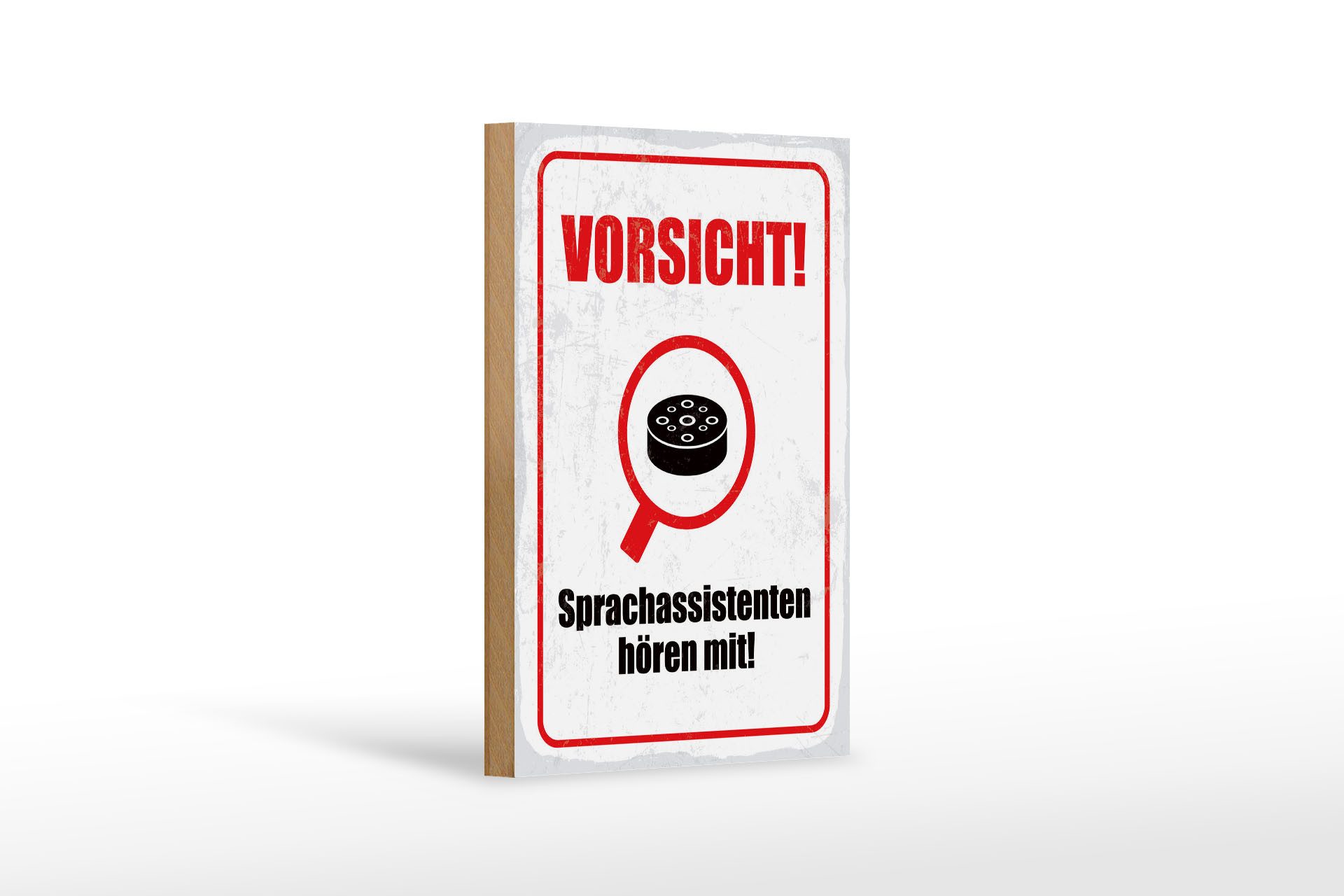 Femer GmbH Holzbild Hinweis 20x30 cm Vorsicht Sprachassistenten hören mit, (1 St), Glatte Holzfaserplatte (MDF), vorn beschichtet