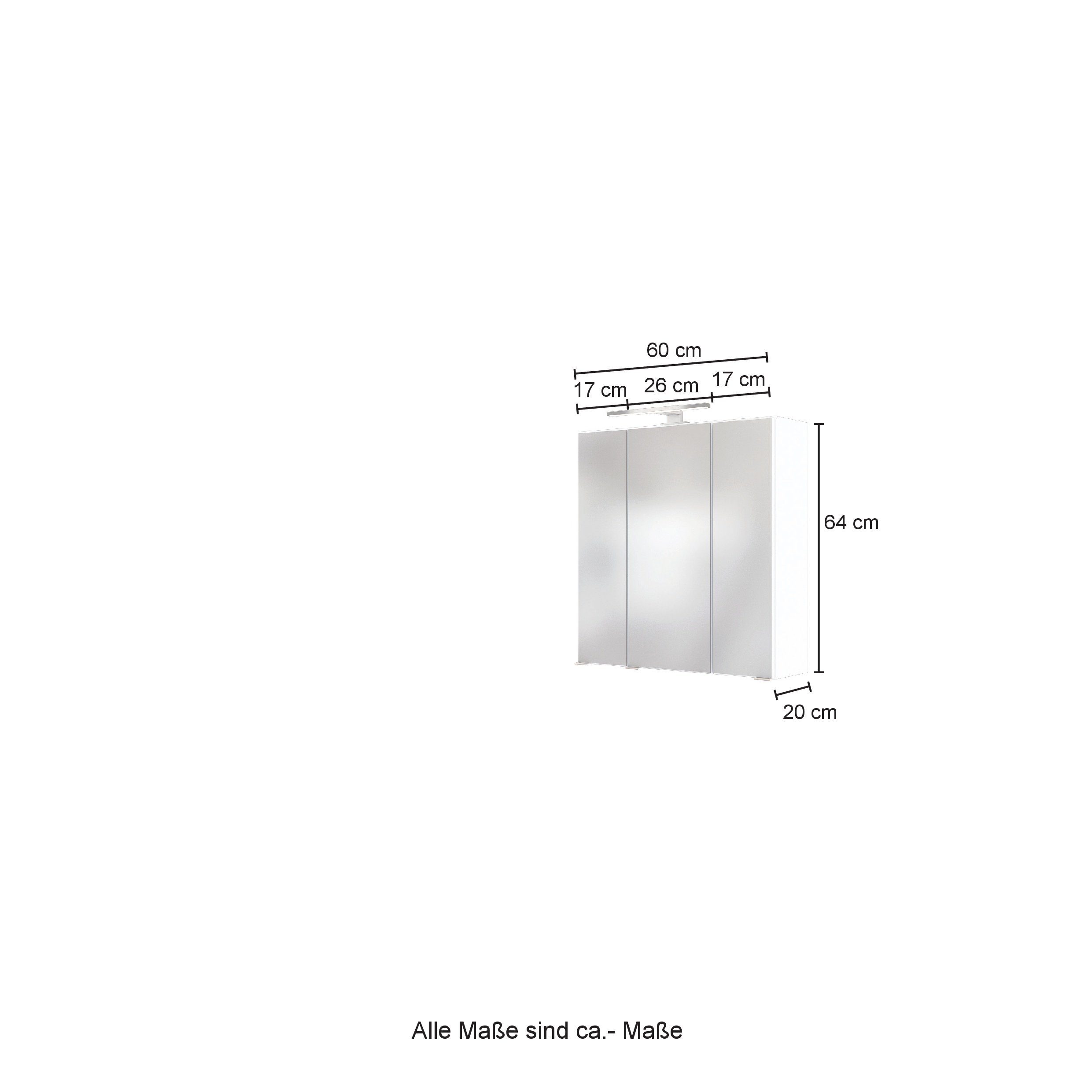 möbelando Spiegelschrank melaminharzbeschichteter Steckdose. aus Spiegeltüren LED-Aufbauleuchte, Moderner Spanplatte 66 6 cm, Trafobox, inkl. Korpus cm Höhe Tiefe 60 3 1 mit und Arezzo Breite Glaseinlegeböden, grafitgrau Schalter in cm, und Spiegelschrank, 20