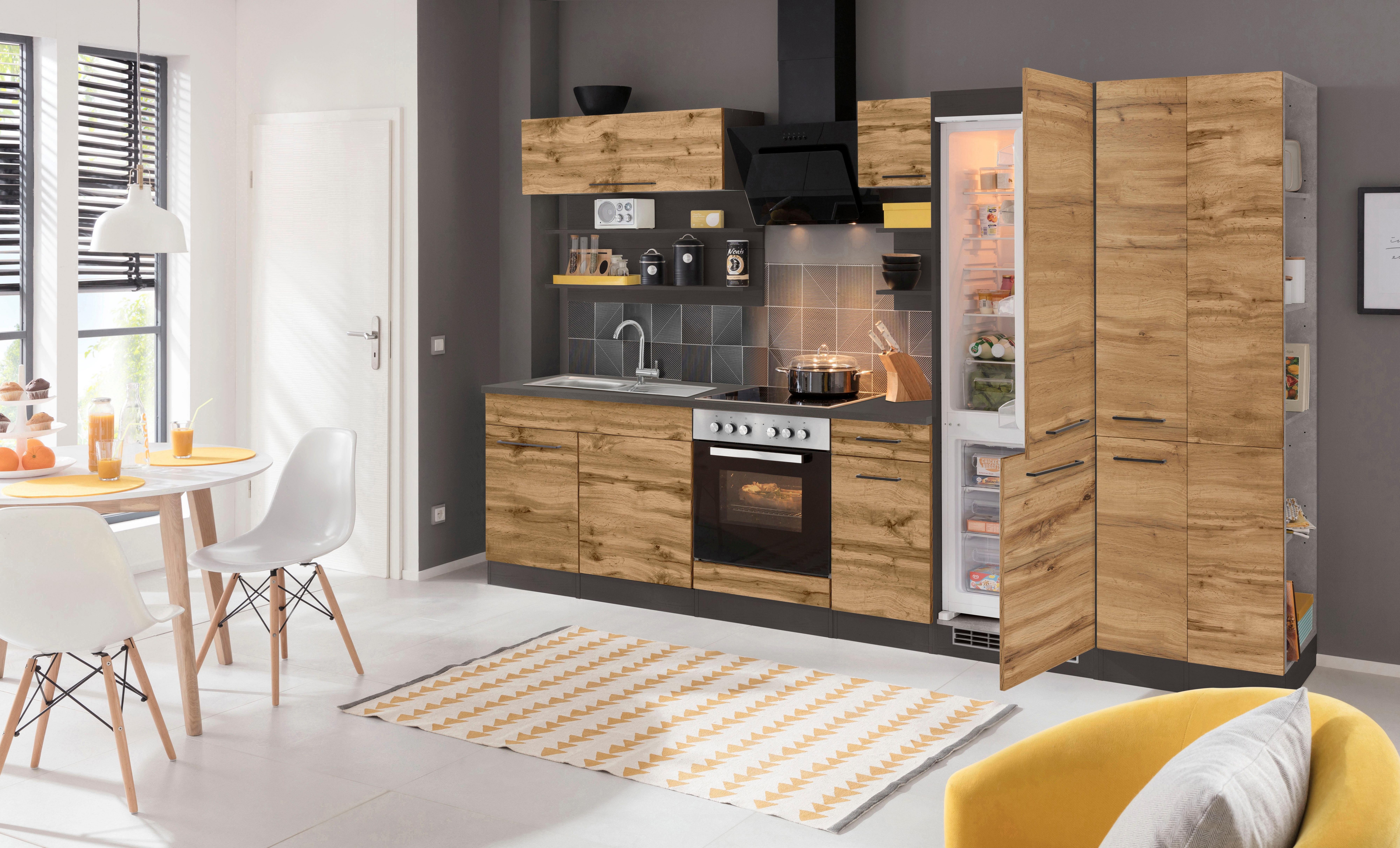 KOCHSTATION Küchenzeile KS-Tulsa, ohne E-Geräte, Breite 300 cm, schwarze Metallgriffe, MDF Fronten