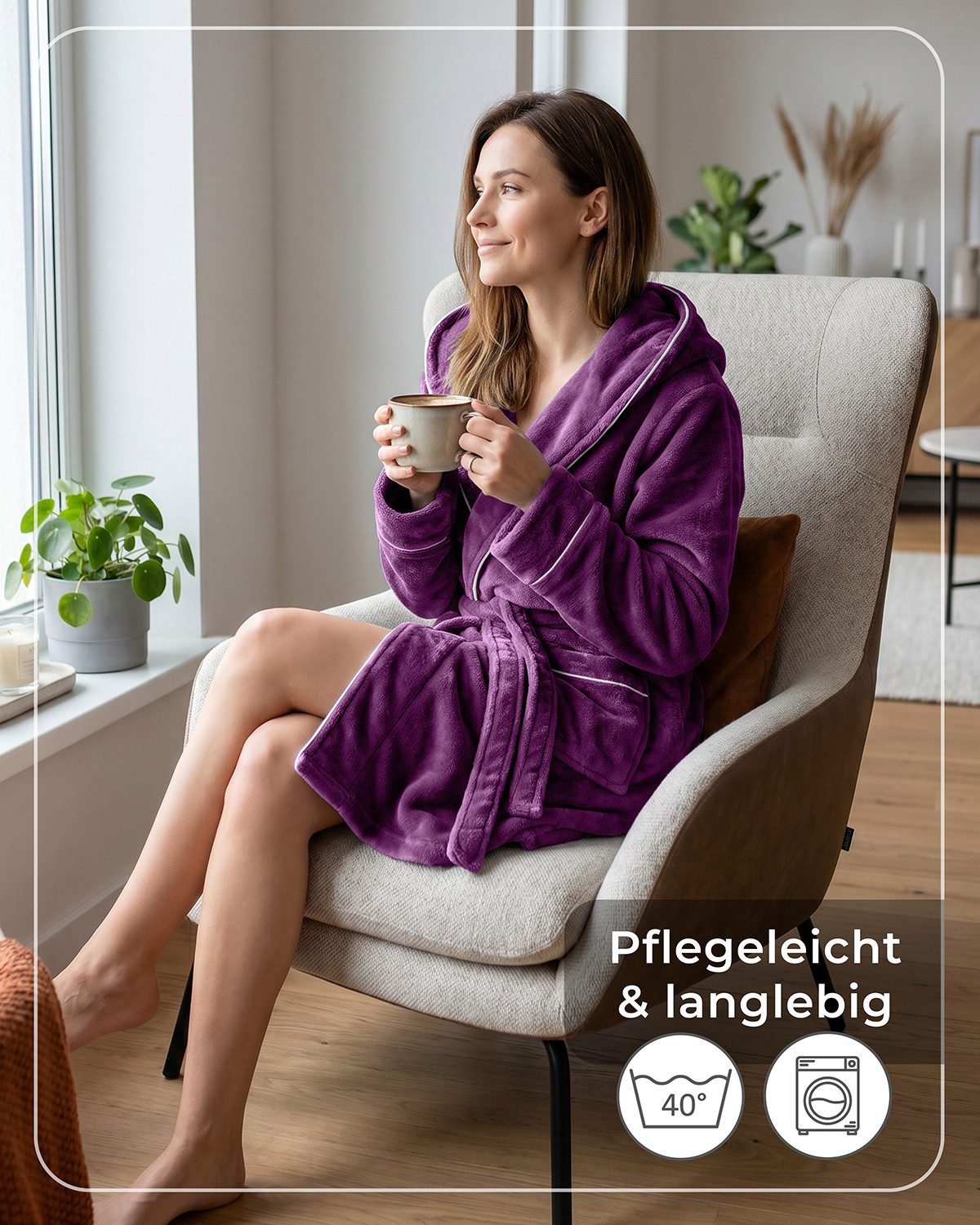 Gräfenstayn Damenbademantel Bademantel Damen flauschig Kapuze Kuschelfleece leicht kurz, warm & kuschelig, Knielang, Fronttaschen, Gürtel, S-XXL – Bild 5 von 5