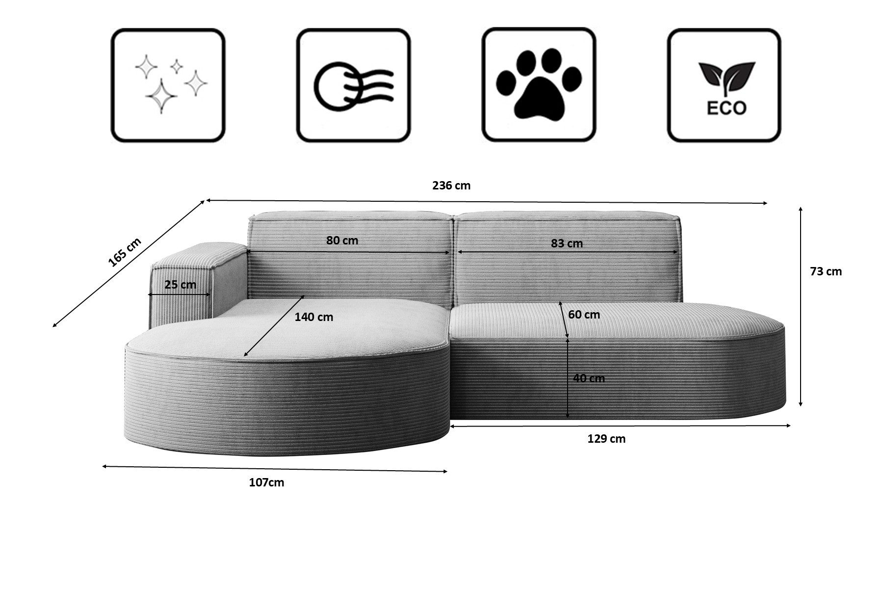 Kaiser Möbel Ecksofa Designer MODENA STUDIO L stoff Cord, Ecksofa, Cord Sofa, L-Form, Links/Rechts wählbar