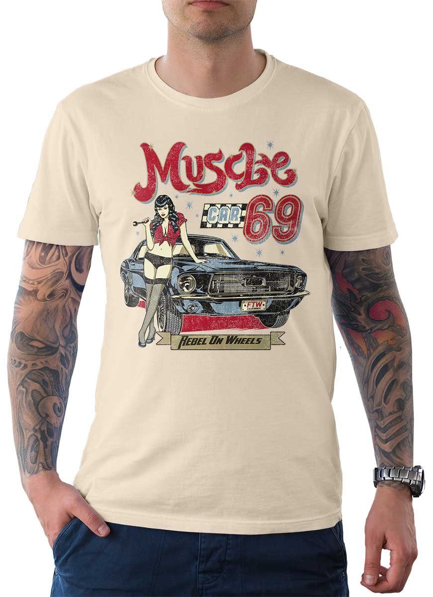 Car Tee 69 mit / T-Shirt Auto On Motiv Muscle T-Shirt Herren Cream Rebel Wheels US-Car