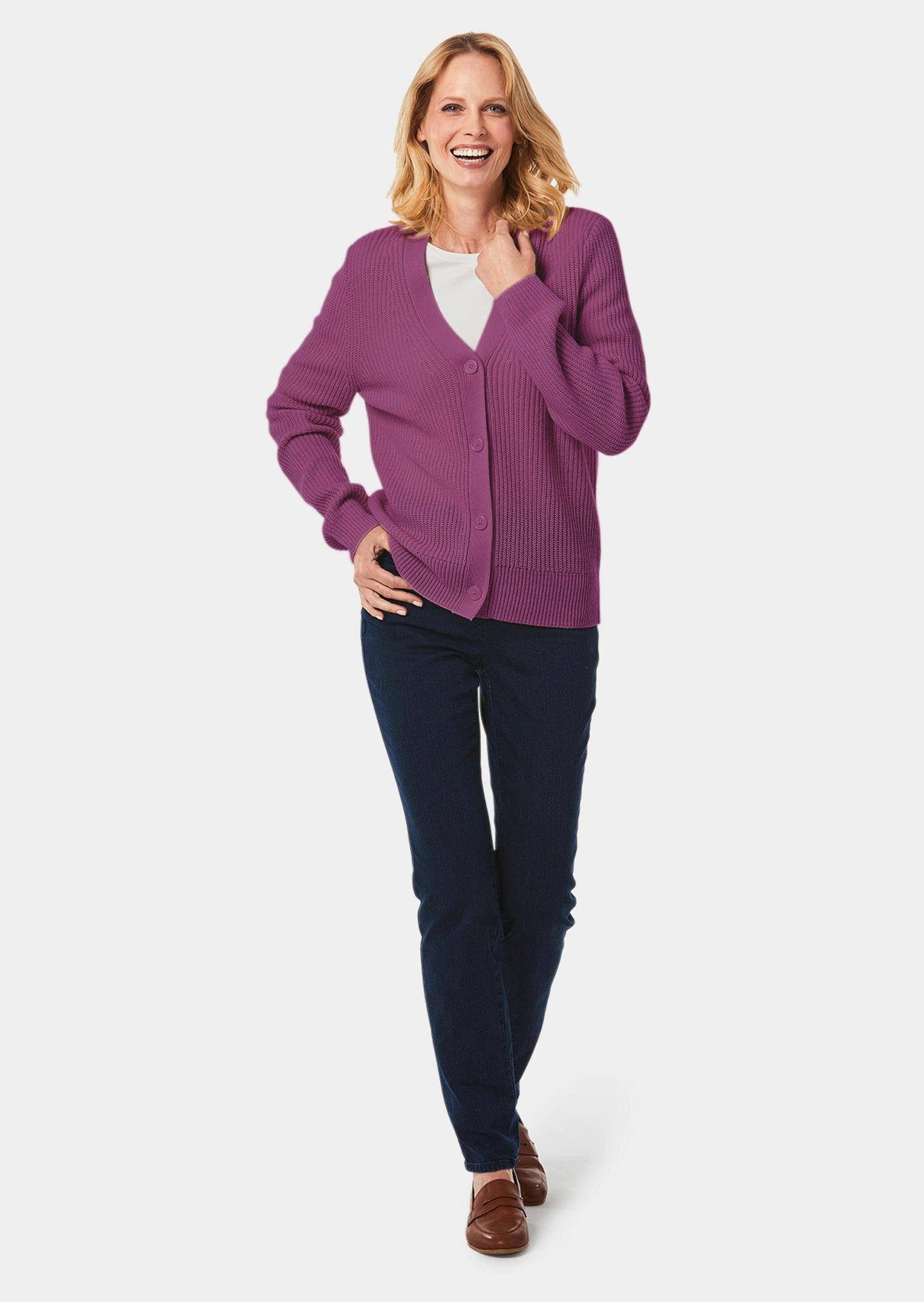 GOLDNER Strickjacke Elegante Strickjacke mit V-Ausschnitt Kurzjacke mit Rippstruktur, Knopfleiste und Langarm