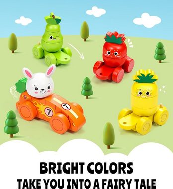 LENBEST Stapelspielzeug Montessori Sorting Obst- und Tier-Autospielzeug, (Sortieren und Stapeln, mit Kaninchen, Karotte, Erdbeere, Ananas, Birne und Vehikel), für Babys und Kleinkinde 2 3 4 5 6