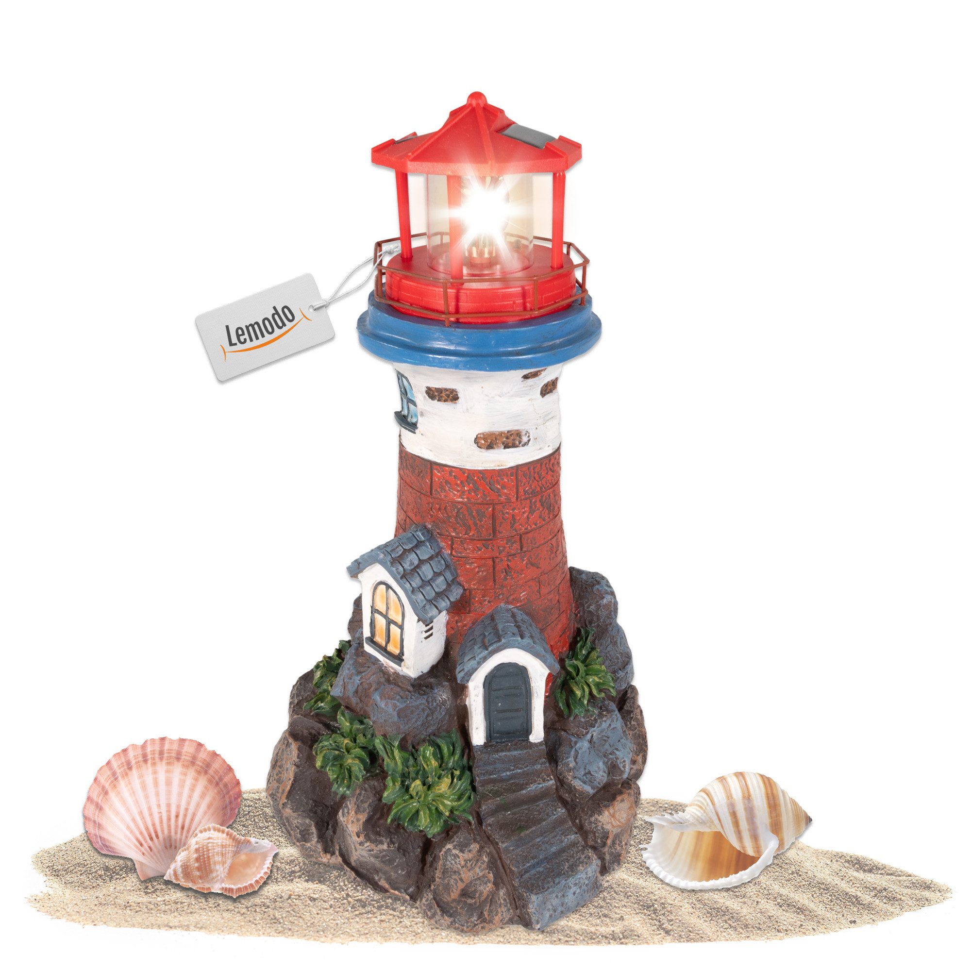 Lemodo LED-Dekofigur Leuchtturm mit Solarlicht und LED-Leuchtfeuer, Gartendeko 43 cm hoch, Leuchtturm mit rotierendem LED-Leuchtfeuer