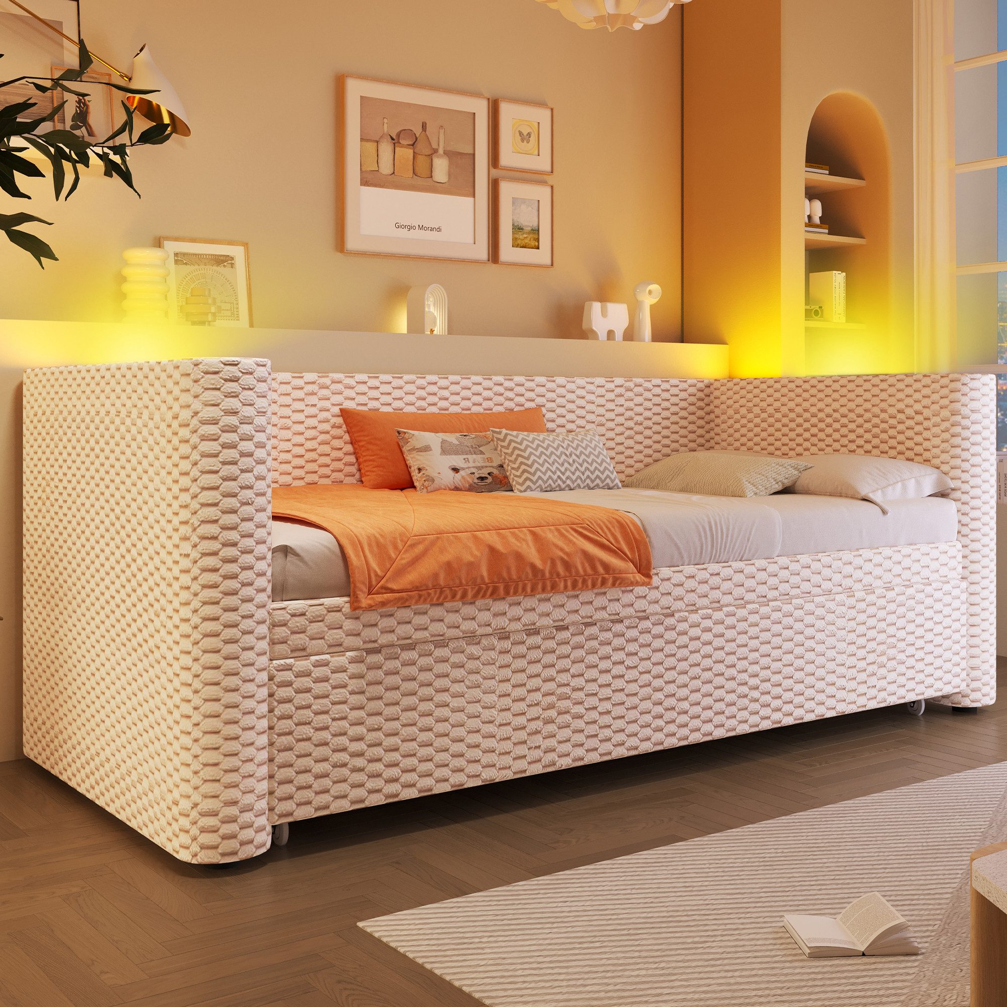 Merax Daybett 90×200cm/180x200cm mit LED-Lichtleiste & App-gesteuerter (Jugendbett Doppelbett Kinderbett, 1 tlg), Polsterbett Tagesbett Schlafsofa mit Ausziehbett und Lattenrost, Samt