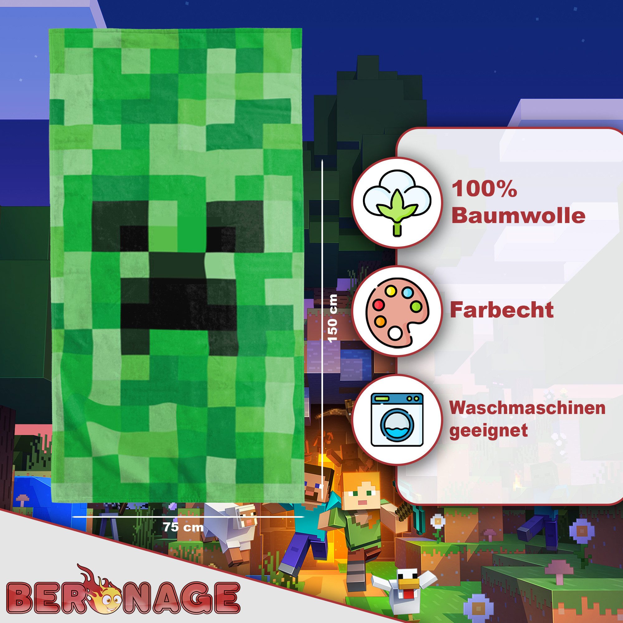 BERONAGE Strandtuch Minecraft Badetuch Creeper 75x150 cm, (1-St), Frottee i günstig online kaufen